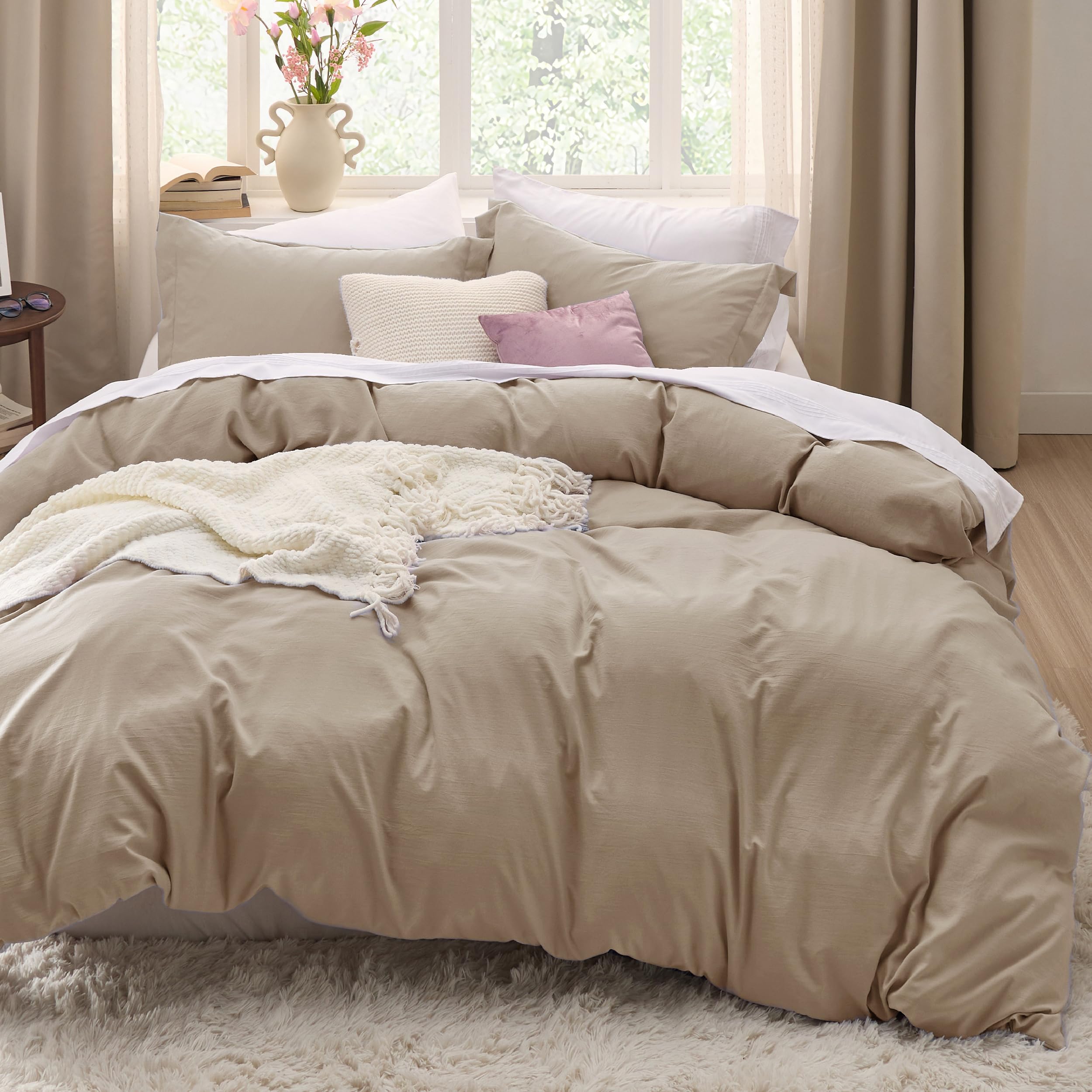 Bedsure Duvet Cover Queen Size - 3 Pieces Prewashed Cotton-Like Extra Soft Bedding Set, Includes 1 Duvet Cover 90x90 Inches with Zipper Closure & 2 Pillow Shams, Linen, Comforter Not Included