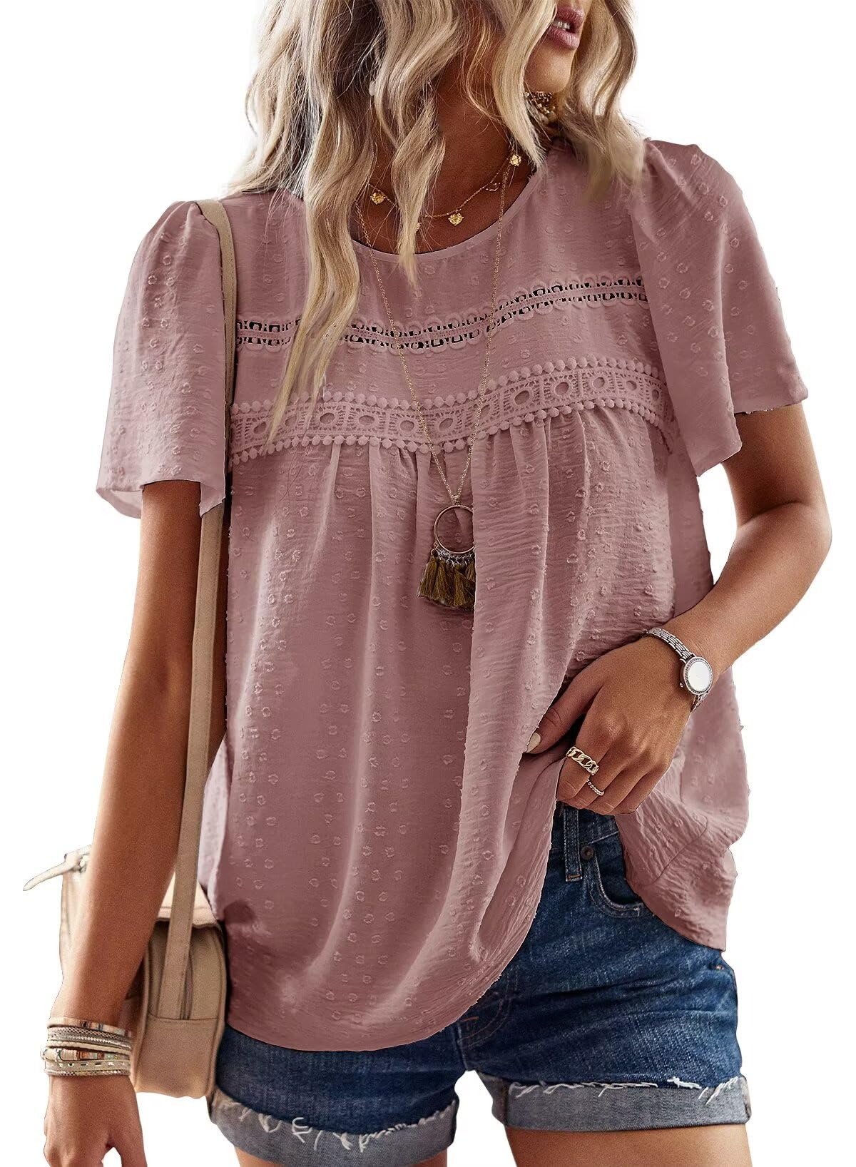 Falechay Womens Summer Tops Crewneck Short Sleeve Shirts Casual Chiffon Blouses Flowy Lace Hem Boho Clothing Trendy 2026