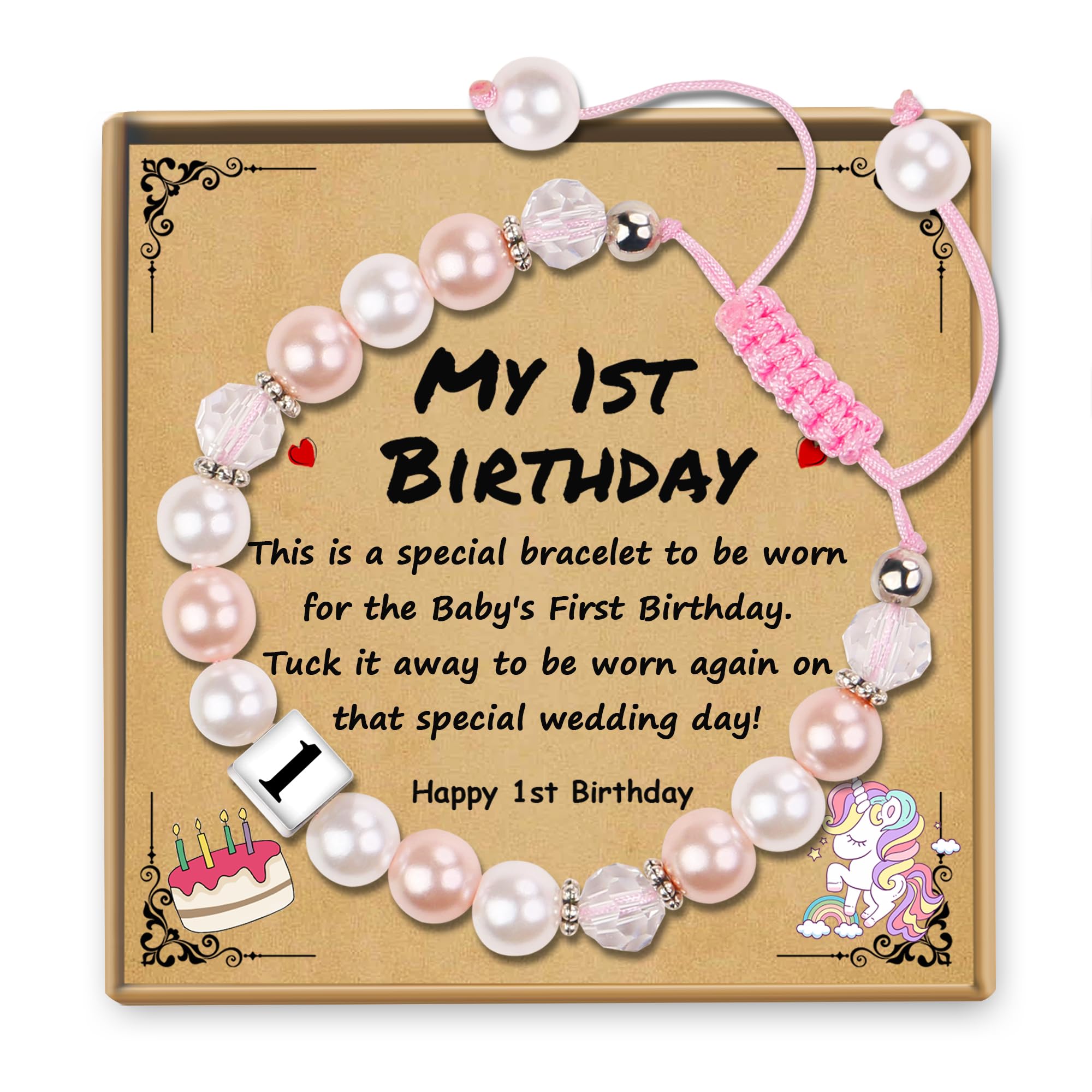 Bracelet perles ajustable rose, pendentifs cœurs et nœud, “My 1st Birthday”