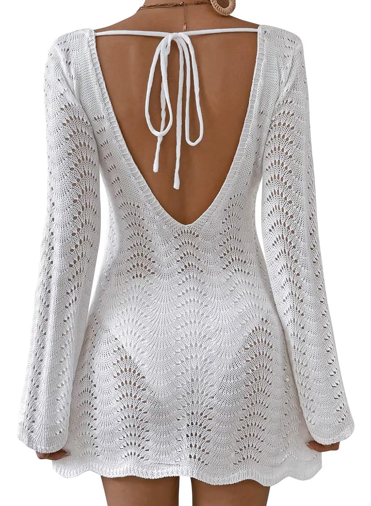 Falechay Womens Swimsuit Cover Up Long Sleeve Crochet Bathing Suit Mesh Backless Cover Ups Summer Beach Vacation Outfits 2026
