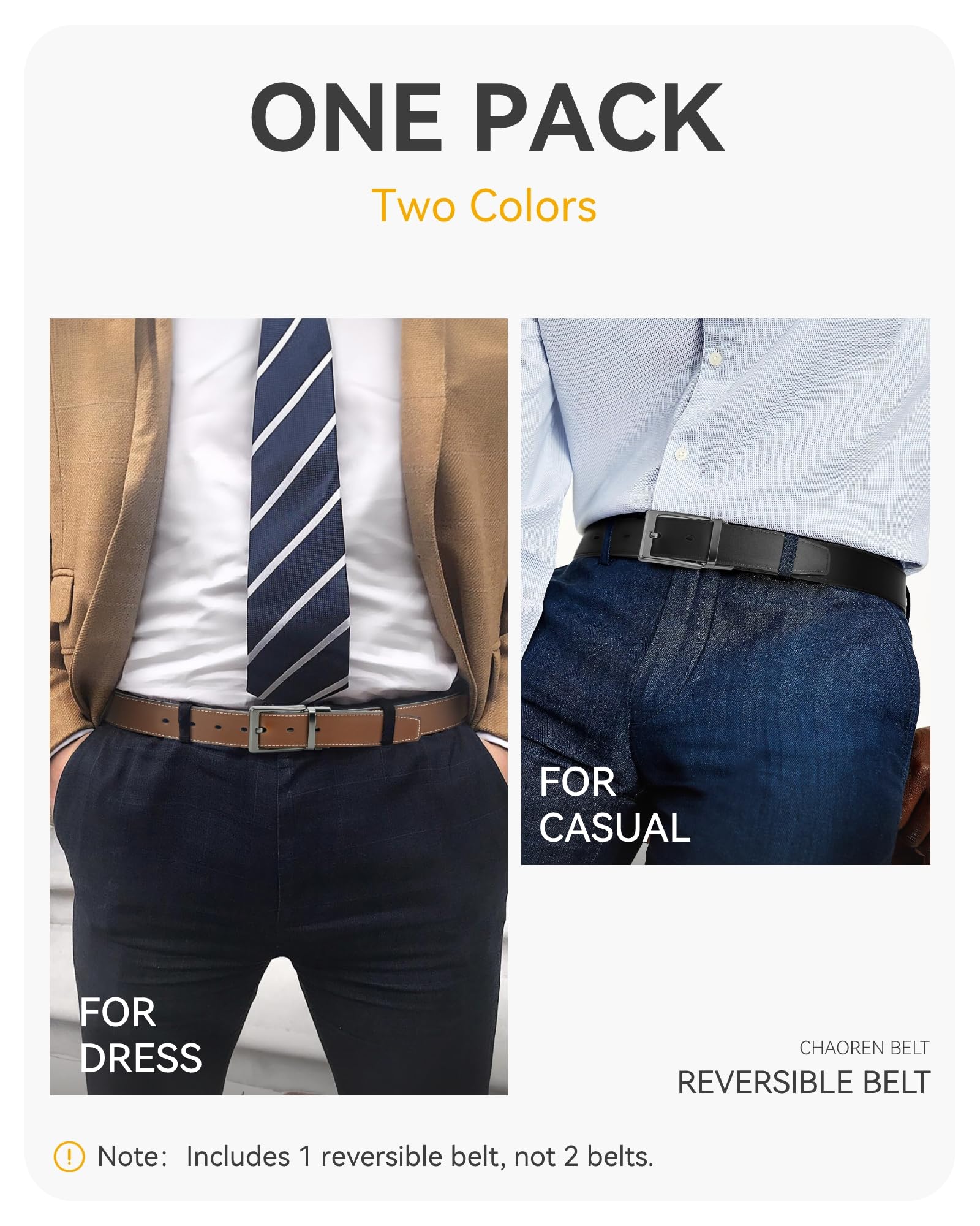 CHAOREN Reversible Mens Belt 1 Piece - 1 3/8" Mens Belts Leather for Casual Jeans Dress - One Belt, Two Colors