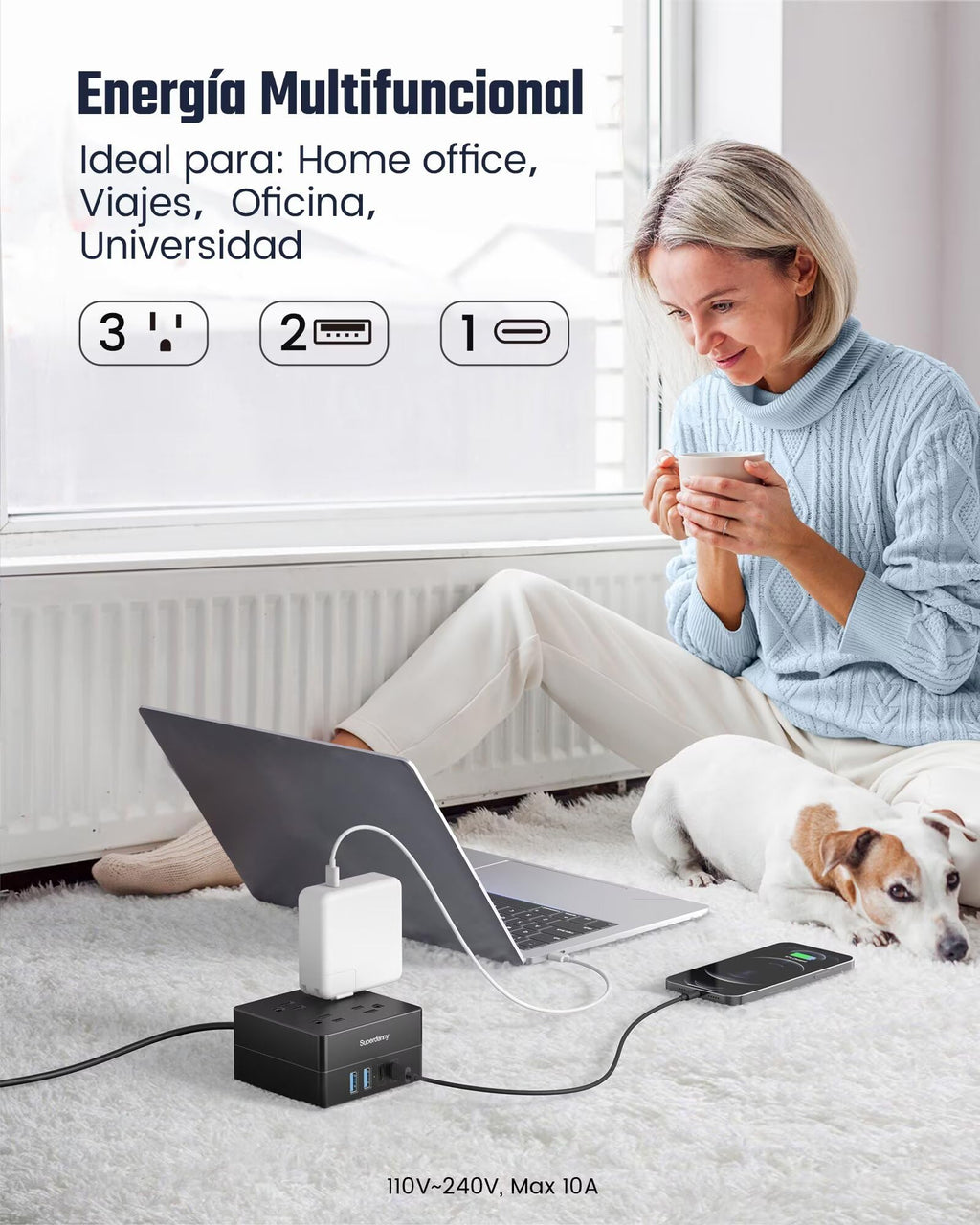 Surge Protector Power Bar, SUPERDANNY 6 Ft Extension Cord with 8 Outlets & 4USB Ports (2 USB 2 C), Mountable Flat Plug Power Strip, Surge Protection for Home, Office, Dorm