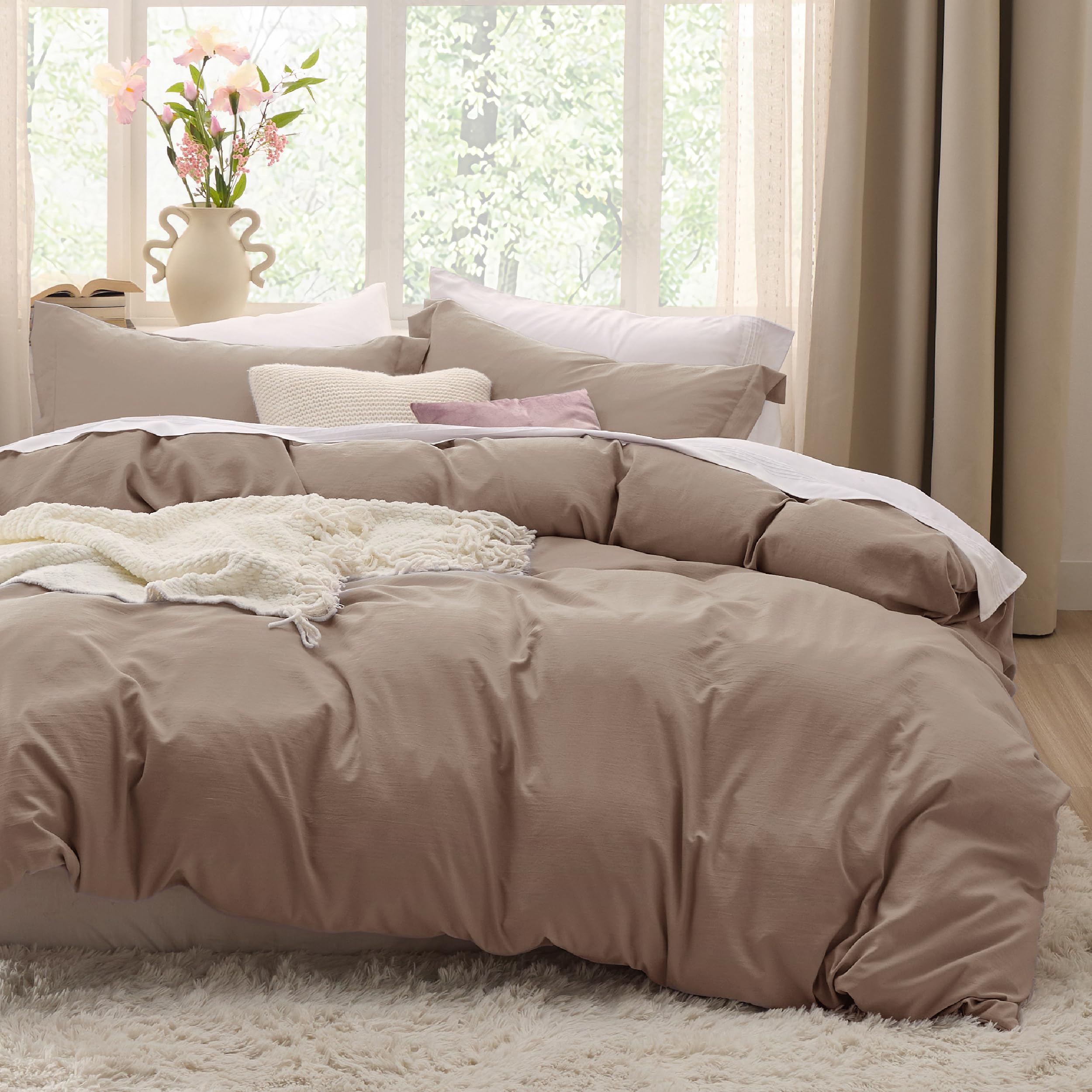 Bedsure Duvet Cover Queen Size - 3 Pieces Prewashed Cotton-Like Extra Soft Bedding Set, Includes 1 Duvet Cover 90x90 Inches with Zipper Closure & 2 Pillow Shams, Linen, Comforter Not Included