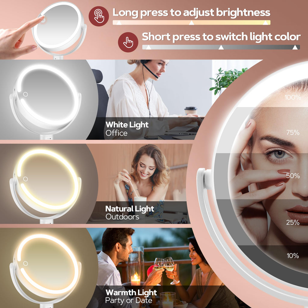 Miroir de maquillage lumineux rond sur pied, cadre blanc, lumière blanche