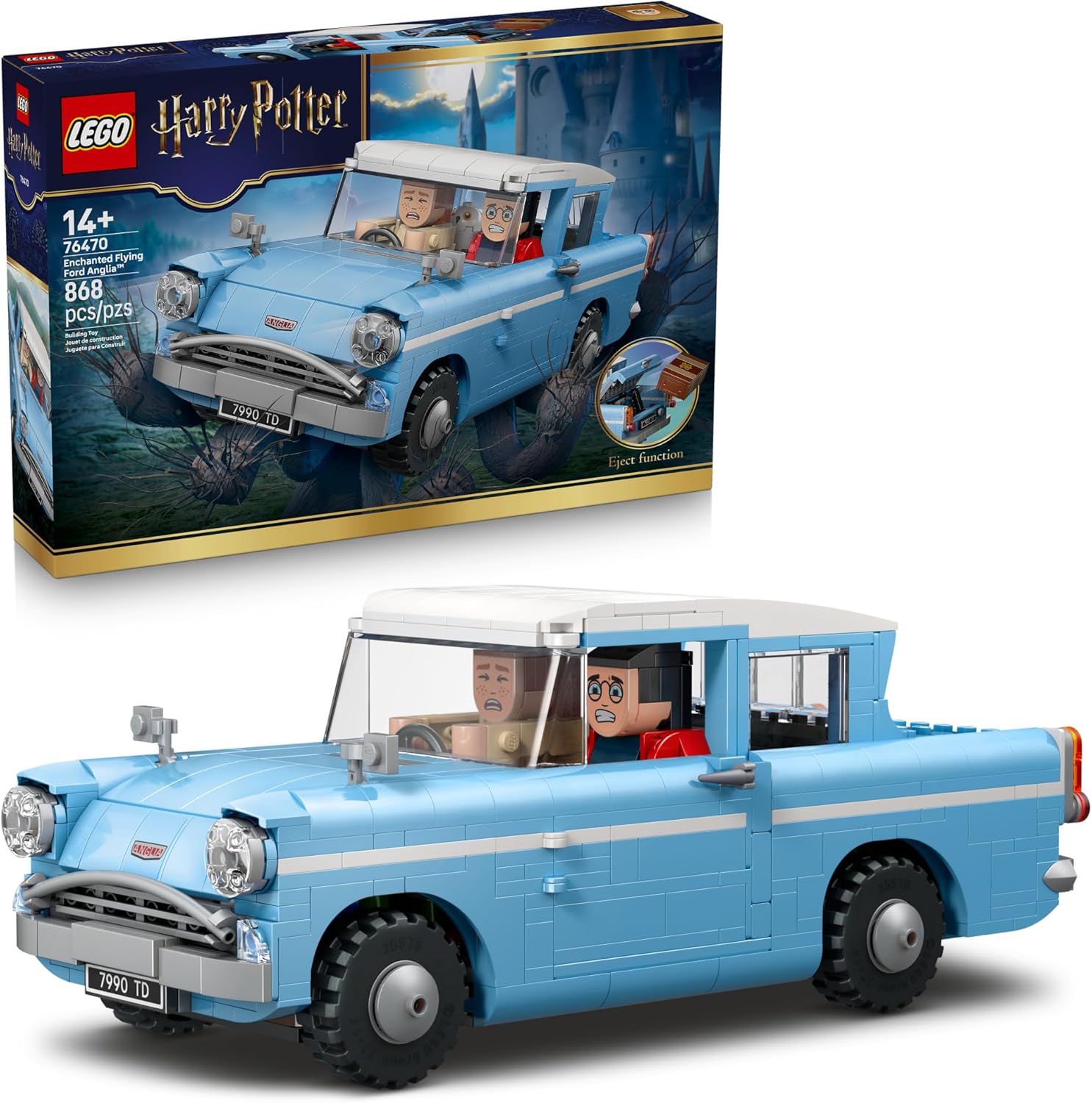 Voiture jouet LEGO en briques, Ford Anglia bleu clair avec capot et roues