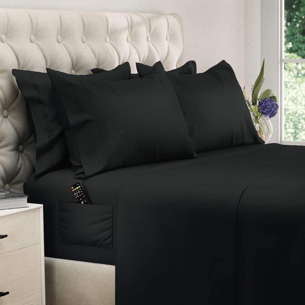DREAMCARE Bedding Sets Queen - 6 Piece Queen Bed Sheets - Deep Pocket up to 15 in - Draps Lit Queen - Luxury Hotel Sheets & Pillowcases Set - Shrink & Fade Resistant (Queen, Navy Blue