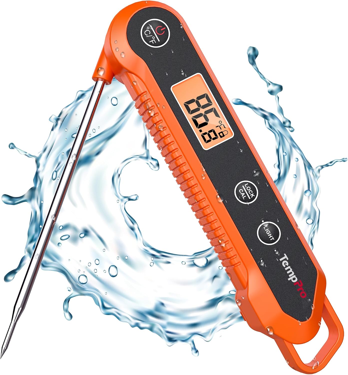 Thermomètre de cuisson numérique TempPro orange, sonde inox et écran digital rétroéclairé