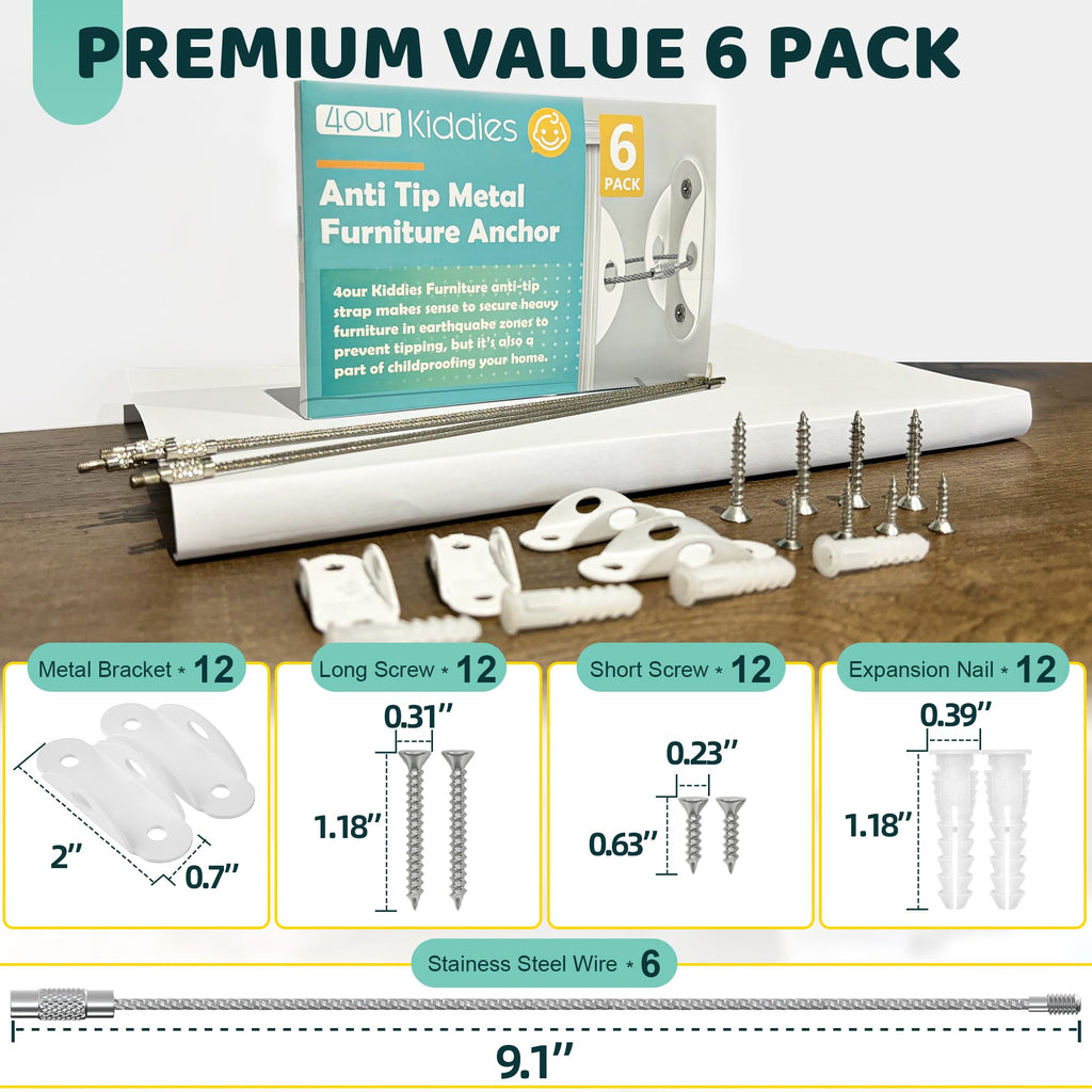 4our Kiddies Furniture Anchors (6 Pack) 2024 Upgraded Furniture Straps for Baby Proofing, Secure 400 Pound Furniture to Wall Prevent Falling Anti Tip Earthquake Straps for Child Safety