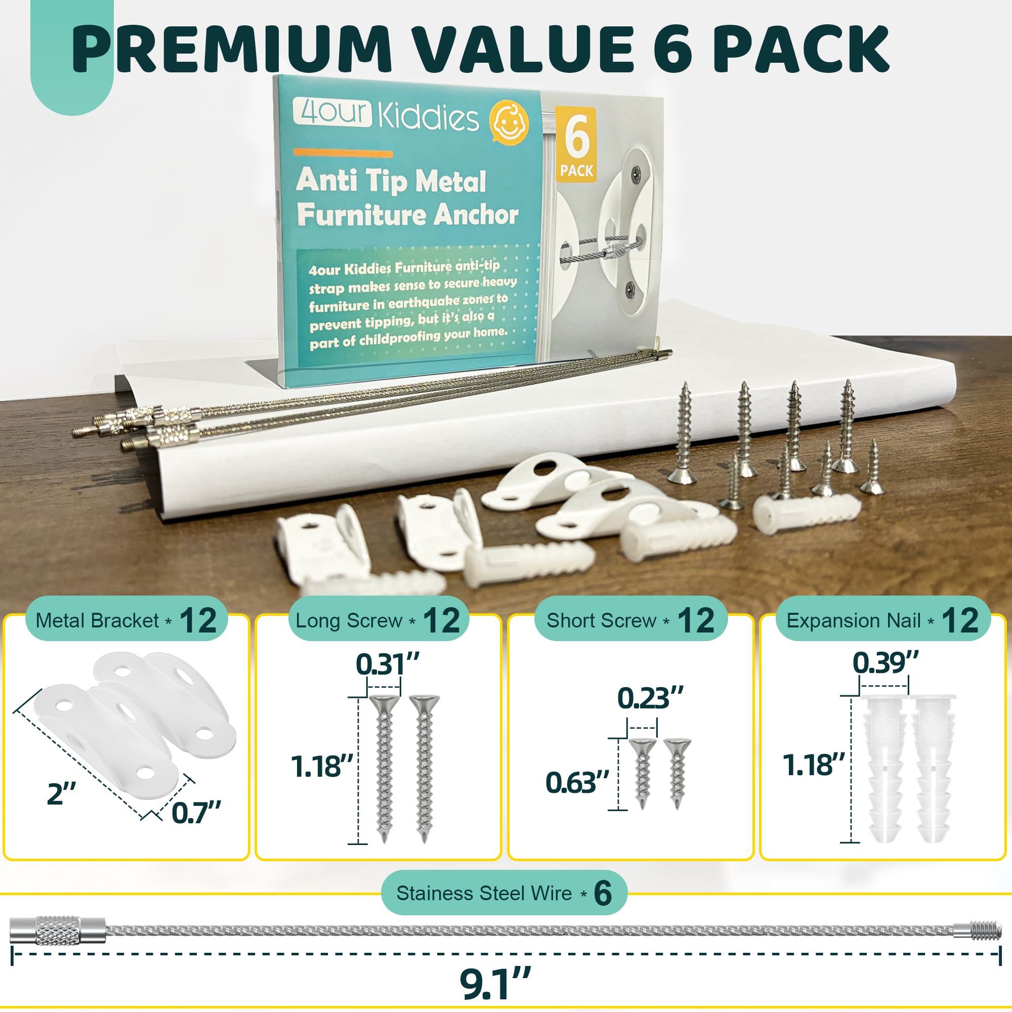 4our Kiddies Furniture Anchors (6 Pack) 2024 Upgraded Furniture Straps for Baby Proofing, Secure 400 Pound Furniture to Wall Prevent Falling Anti Tip Earthquake Straps for Child Safety