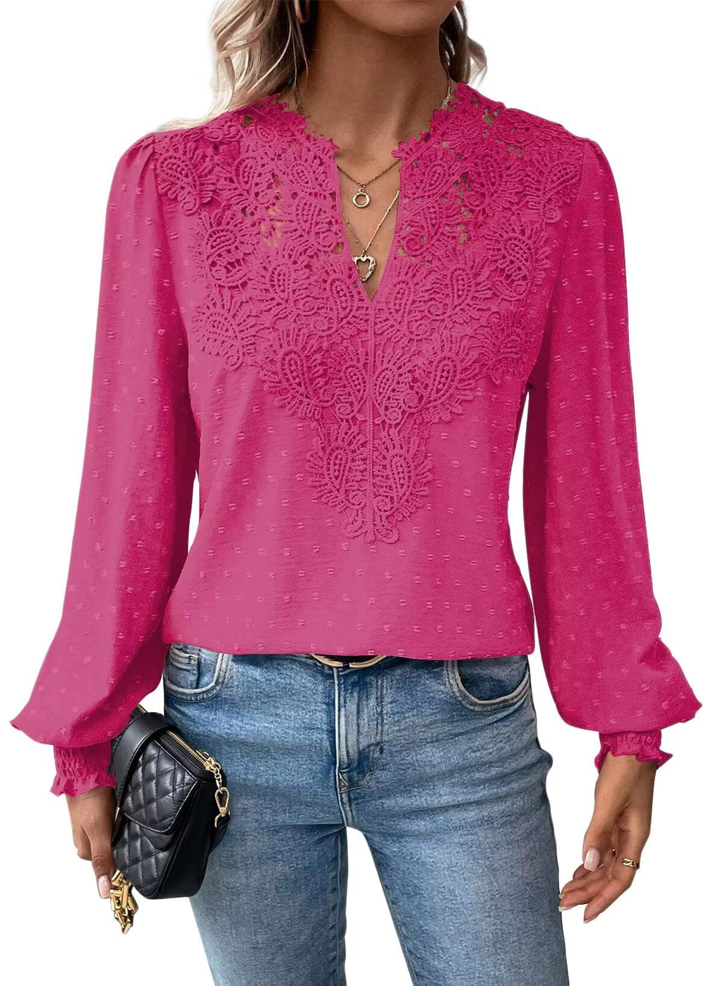 Falechay Womens Tops Swiss Dot Boho Long Sleeve Shirts V Neck Casual Chiffon Blouses Flowy Lace Hem Cute Clothing Trendy 2026