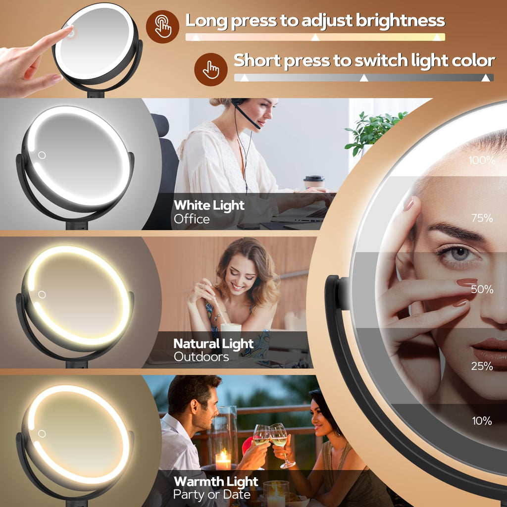 Miroir de maquillage éclairé avec réglage de luminosité, face ronde et ampoules