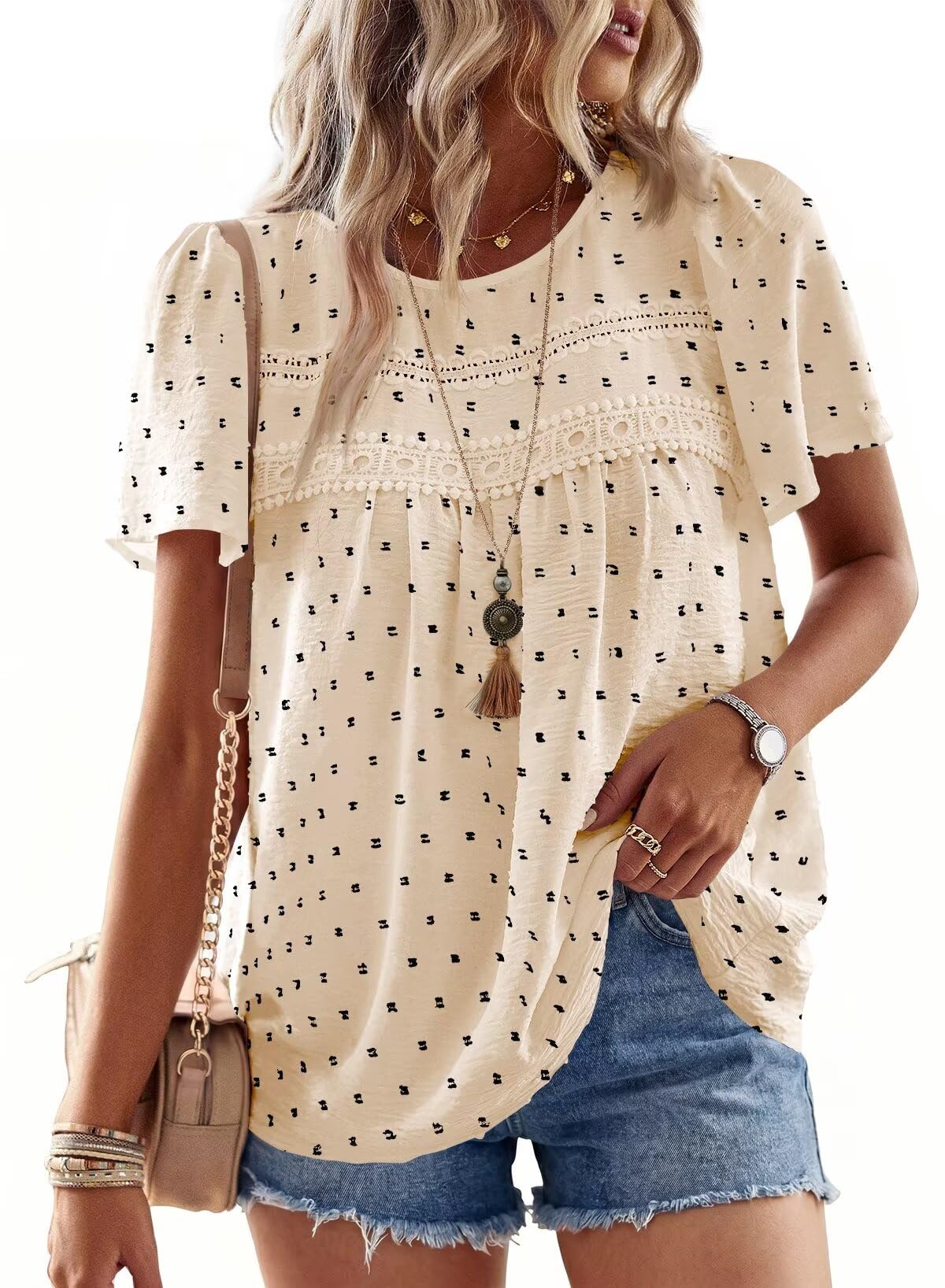Falechay Womens Summer Tops Crewneck Short Sleeve Shirts Casual Chiffon Blouses Flowy Lace Hem Boho Clothing Trendy 2026
