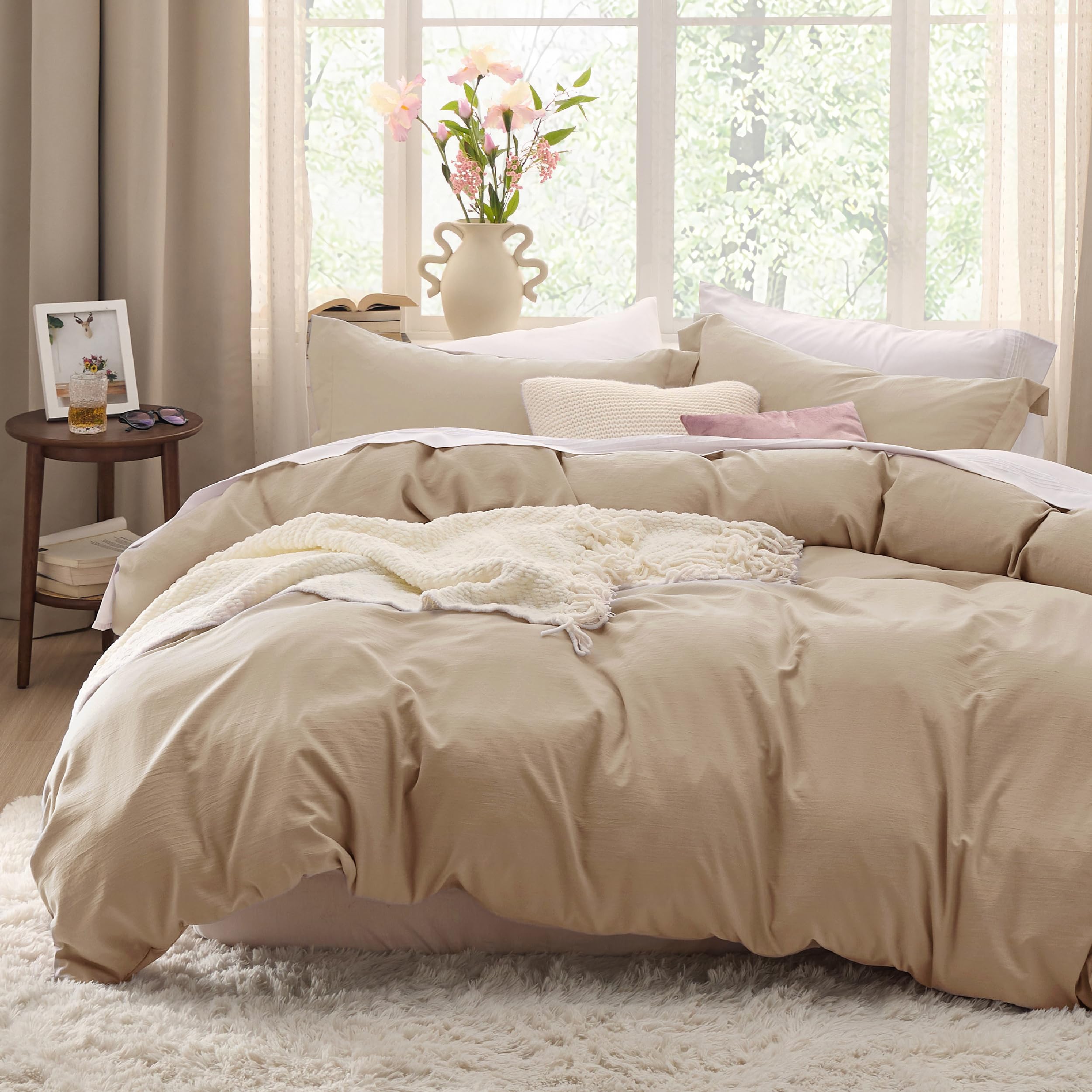 Bedsure Duvet Cover Queen Size - 3 Pieces Prewashed Cotton-Like Extra Soft Bedding Set, Includes 1 Duvet Cover 90x90 Inches with Zipper Closure & 2 Pillow Shams, Linen, Comforter Not Included