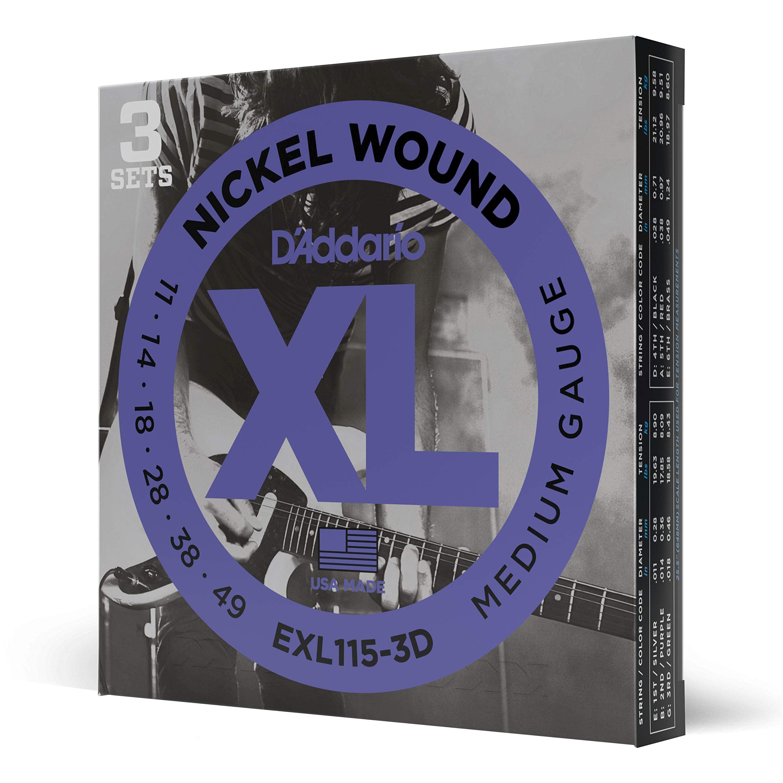 Boîte 3 sets de cordes Nickel Wound XL EXL115-3D Medium, pour guitare électrique