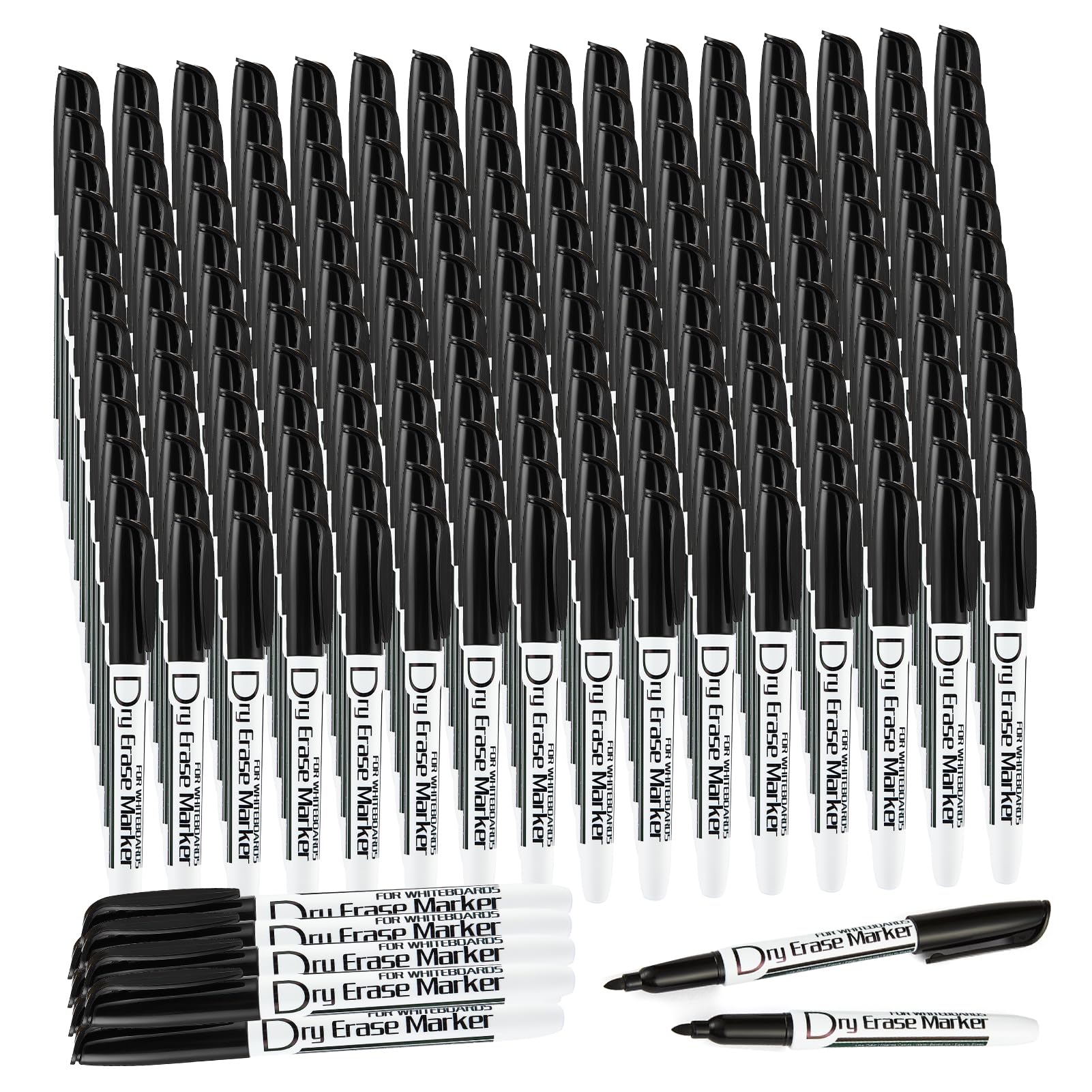 Lot de 12 marqueurs de craie effaçables à pointe, corps noir et bouchons noirs.