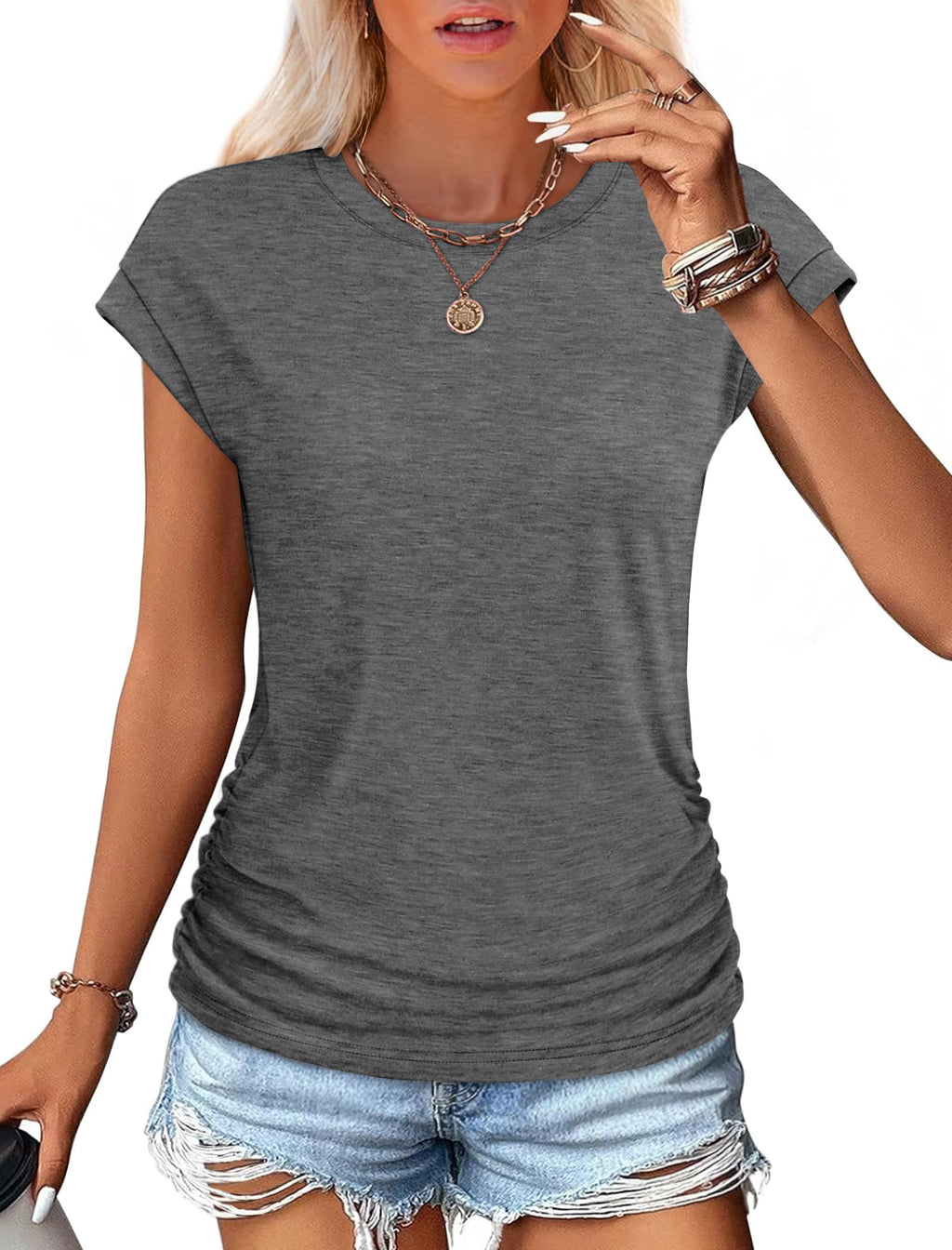 isermeo Womens Summer Tops Trendy 2026 Ruched Side Cap Short Sleeve Tshirts Crew Neck T Shirts Fashion S-XXL