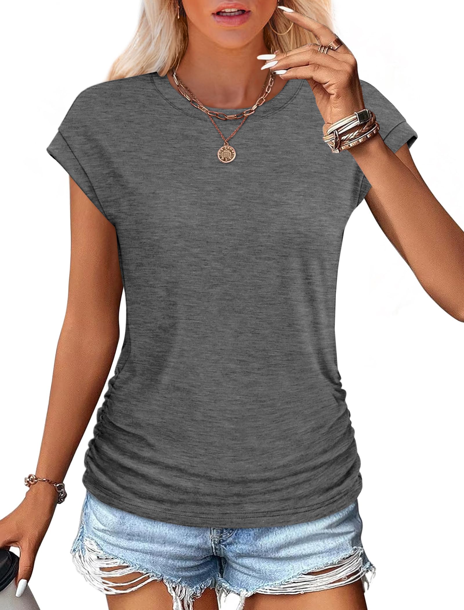 isermeo Womens Summer Tops Trendy 2026 Ruched Side Cap Short Sleeve Tshirts Crew Neck T Shirts Fashion S-XXL