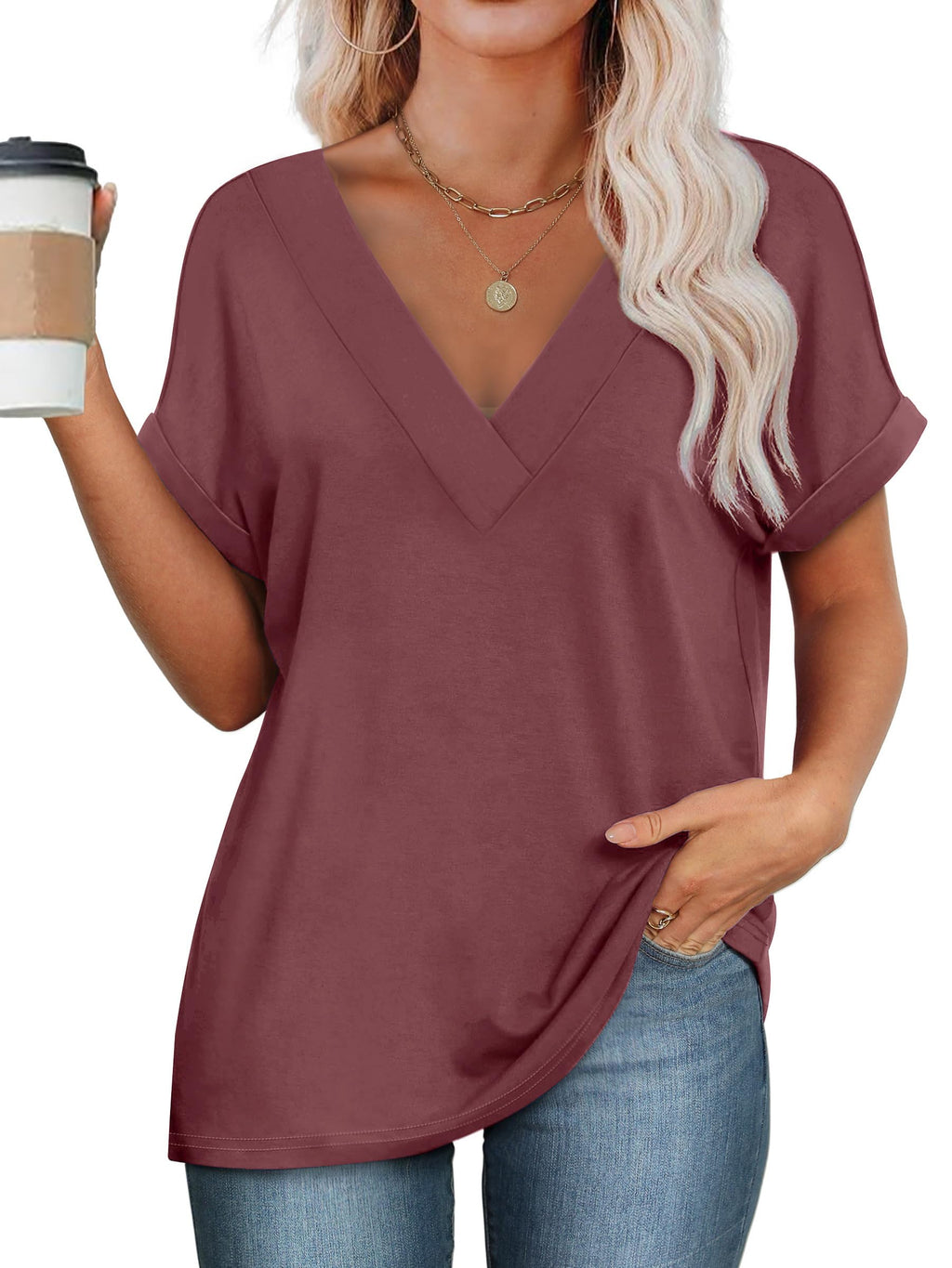 isermeo Womens T Shirts Short Sleeve V Neck Tees Fashion Tops 2026 Trendy Soft Casual Blouse Summer Outfits S-XXL