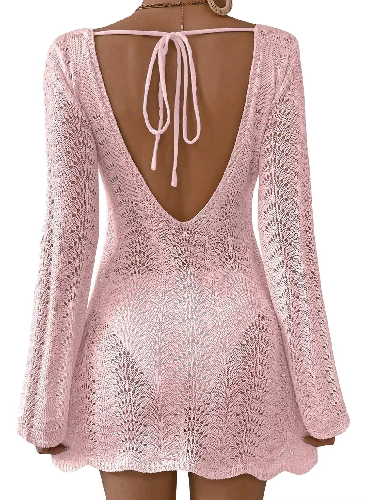 Falechay Womens Swimsuit Cover Up Long Sleeve Crochet Bathing Suit Mesh Backless Cover Ups Summer Beach Vacation Outfits 2026