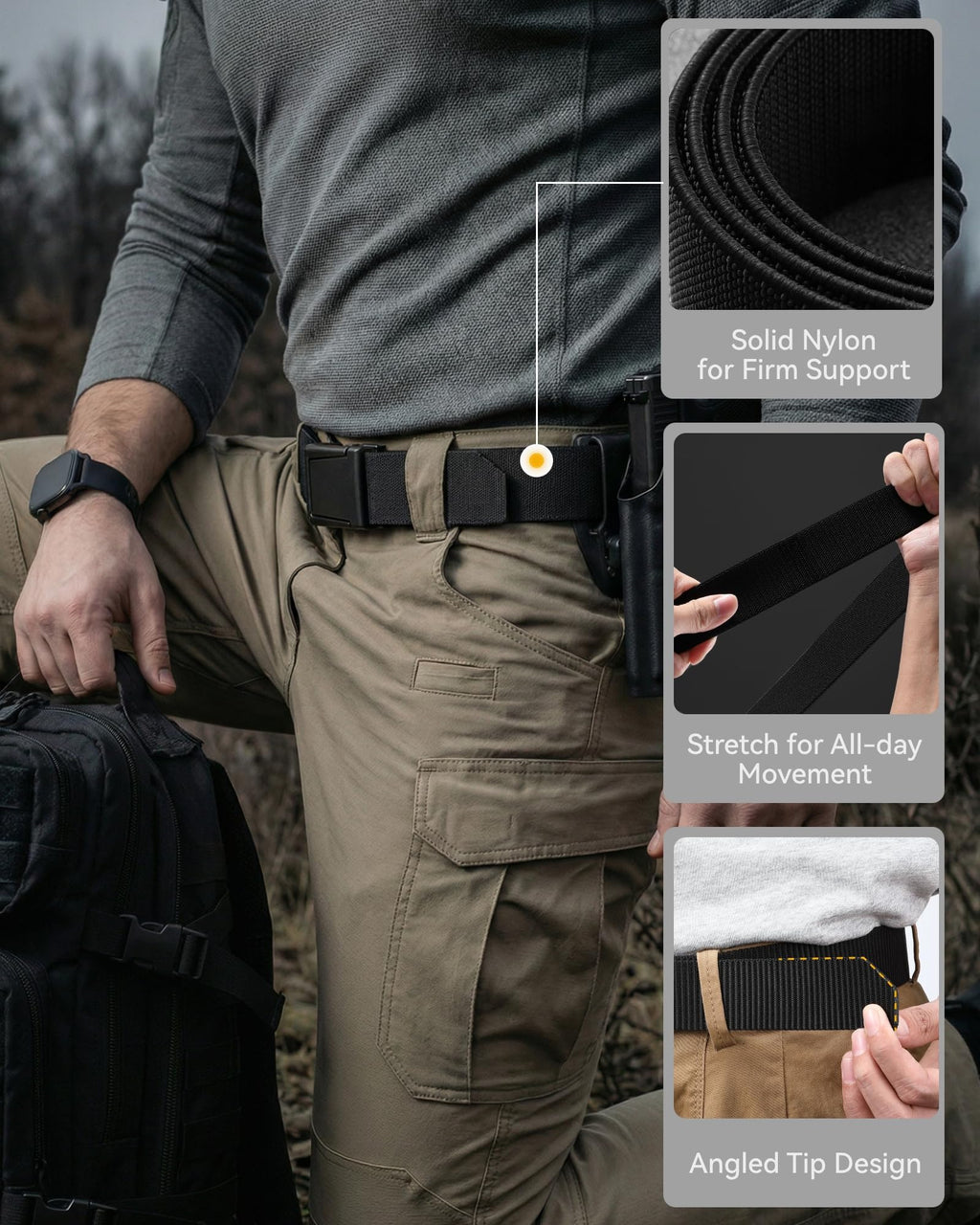 CHAOREN Tactical Belt Men - 1.5" Work Belt Nylon Stretch with Quick Release Zinc Alloy Buckle for Military Casual Jeans