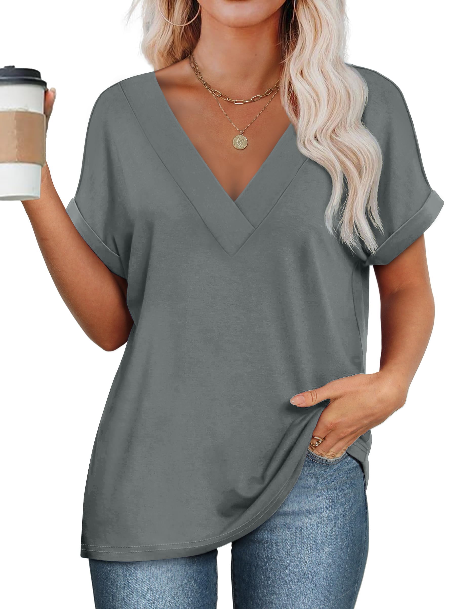 isermeo Womens T Shirts Short Sleeve V Neck Tees Fashion Tops 2026 Trendy Soft Casual Blouse Summer Outfits S-XXL