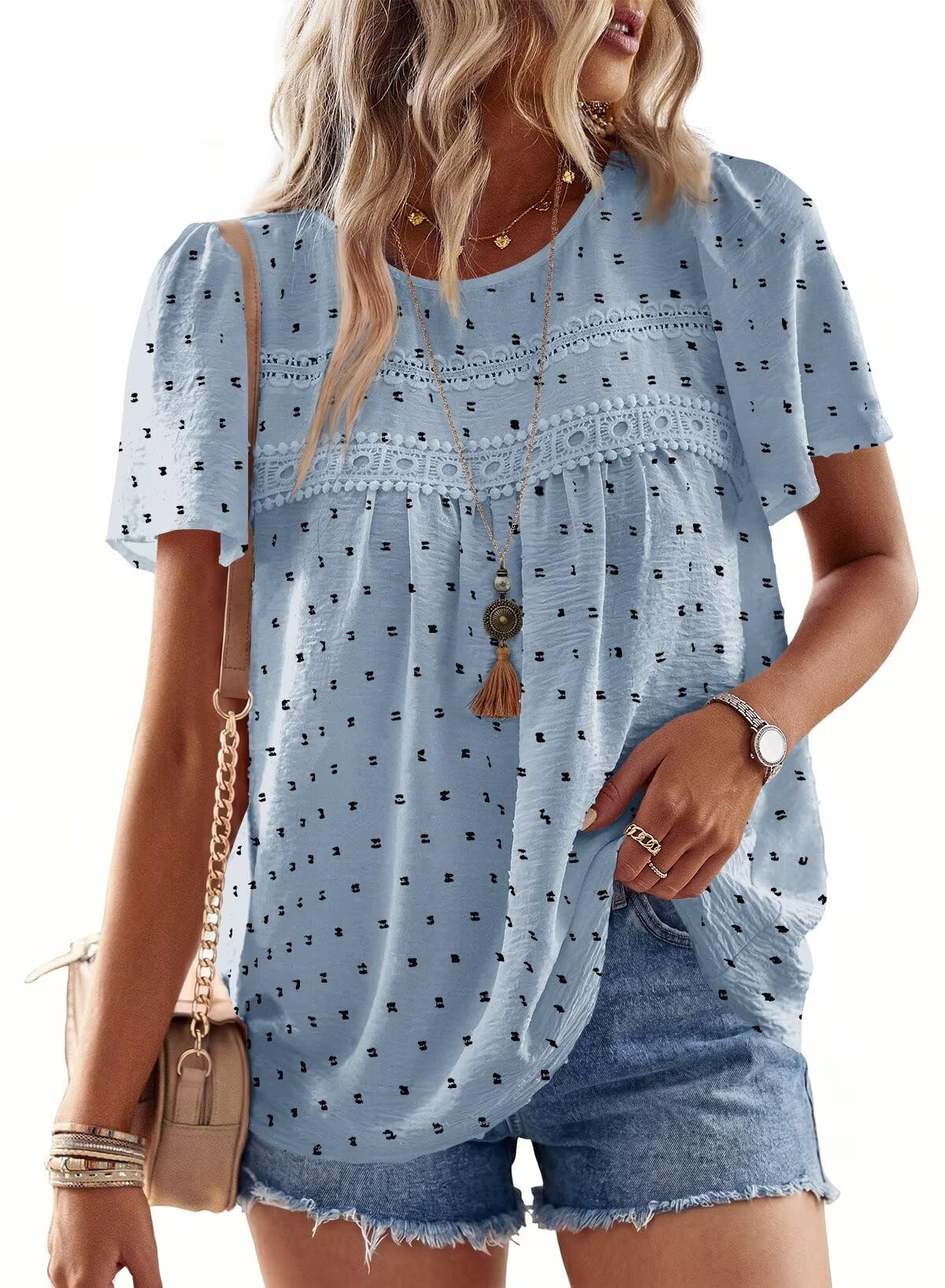 Falechay Womens Summer Tops Crewneck Short Sleeve Shirts Casual Chiffon Blouses Flowy Lace Hem Boho Clothing Trendy 2026