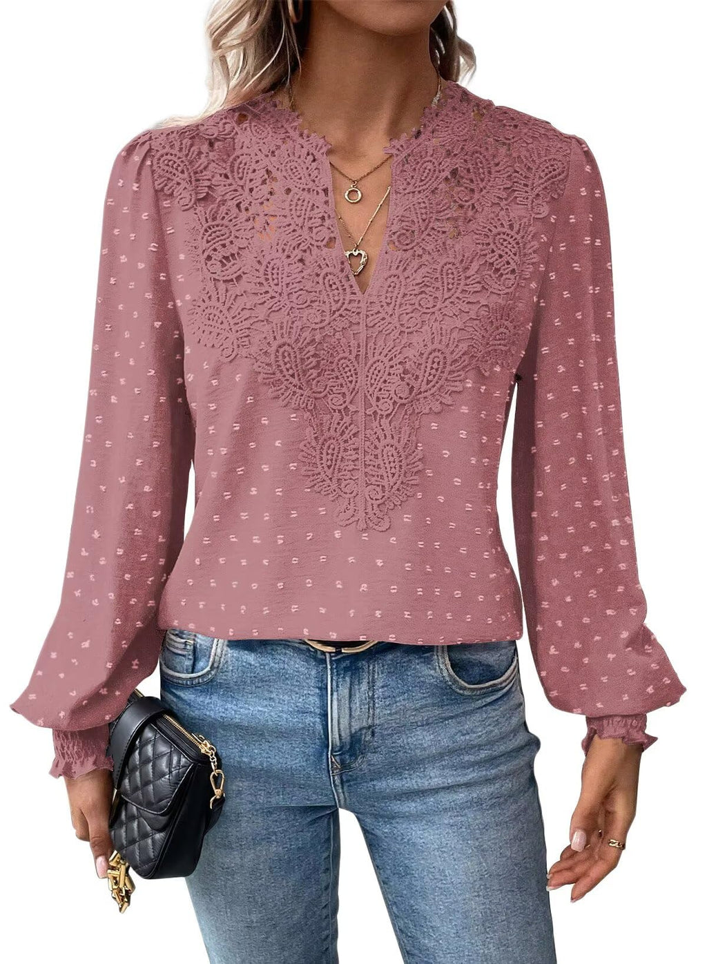 Falechay Womens Tops Swiss Dot Boho Long Sleeve Shirts V Neck Casual Chiffon Blouses Flowy Lace Hem Cute Clothing Trendy 2026