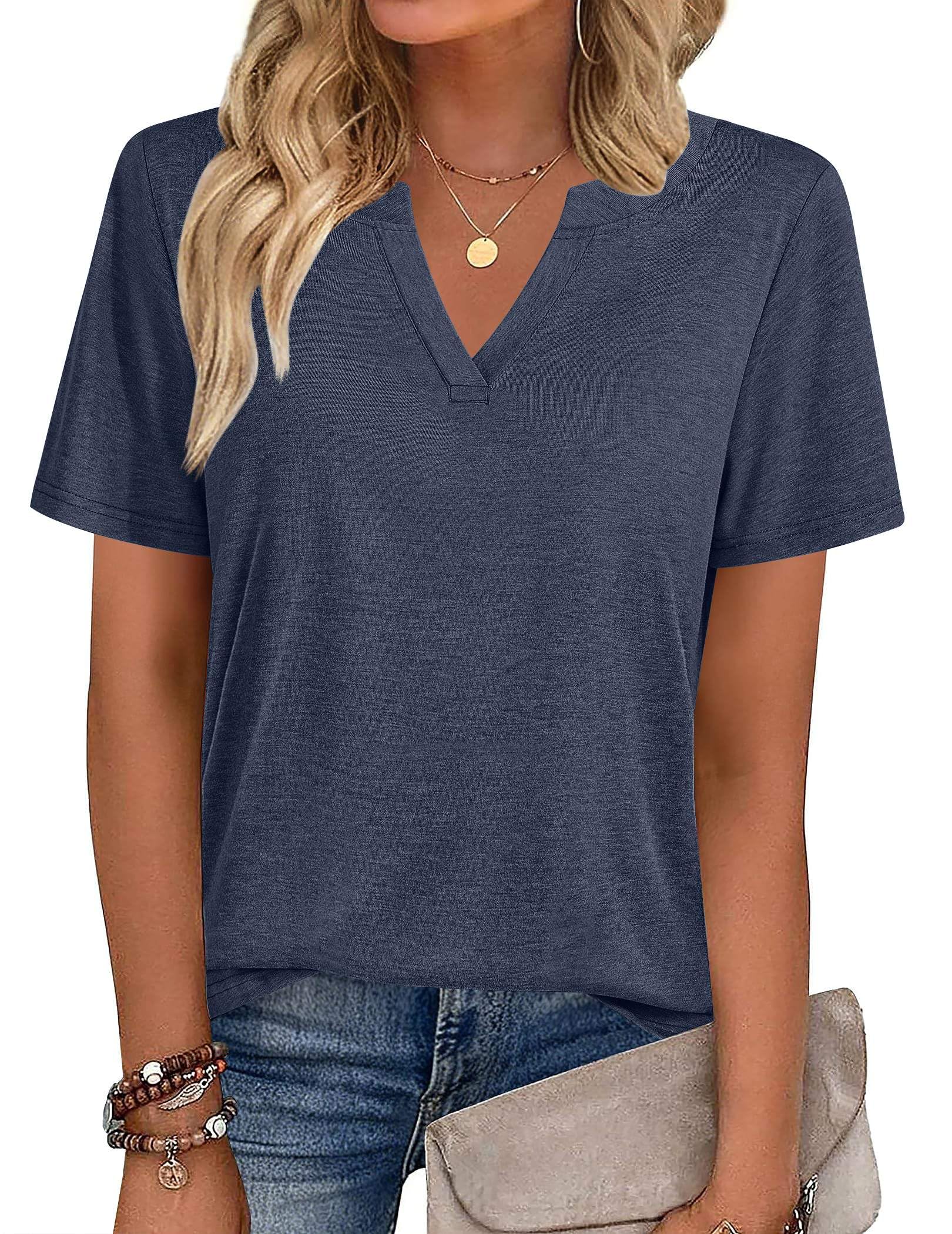 isermeo Womens Tops Short Sleeve V Neck Tee Shirts Cute Dressy Casual Summer Clothing Business Work Blouse S-XXL