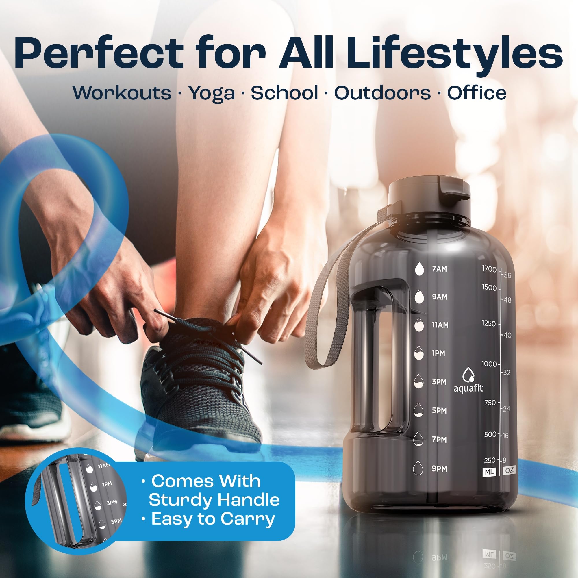 AQUAFIT 2l Water Bottle with Straw - Half Gallon Water Bottle - Motivational Gym Water Bottles 2l - 2 Liter Water Bottle Time Marker - Half Gallon Water Jug 64 oz - Large Water Bottle Gray