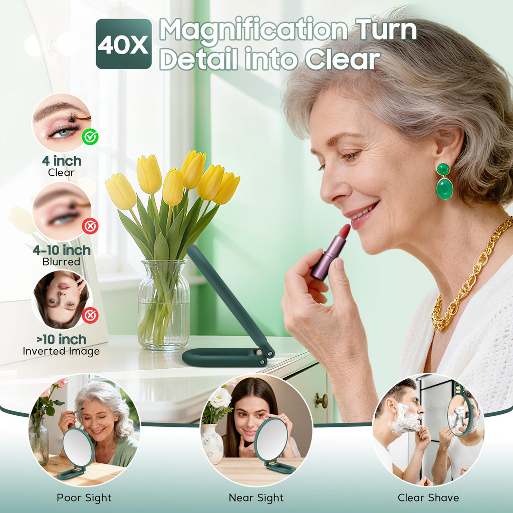 Miroir grossissant sur socle, cadre vert, surface ronde, pour application précise