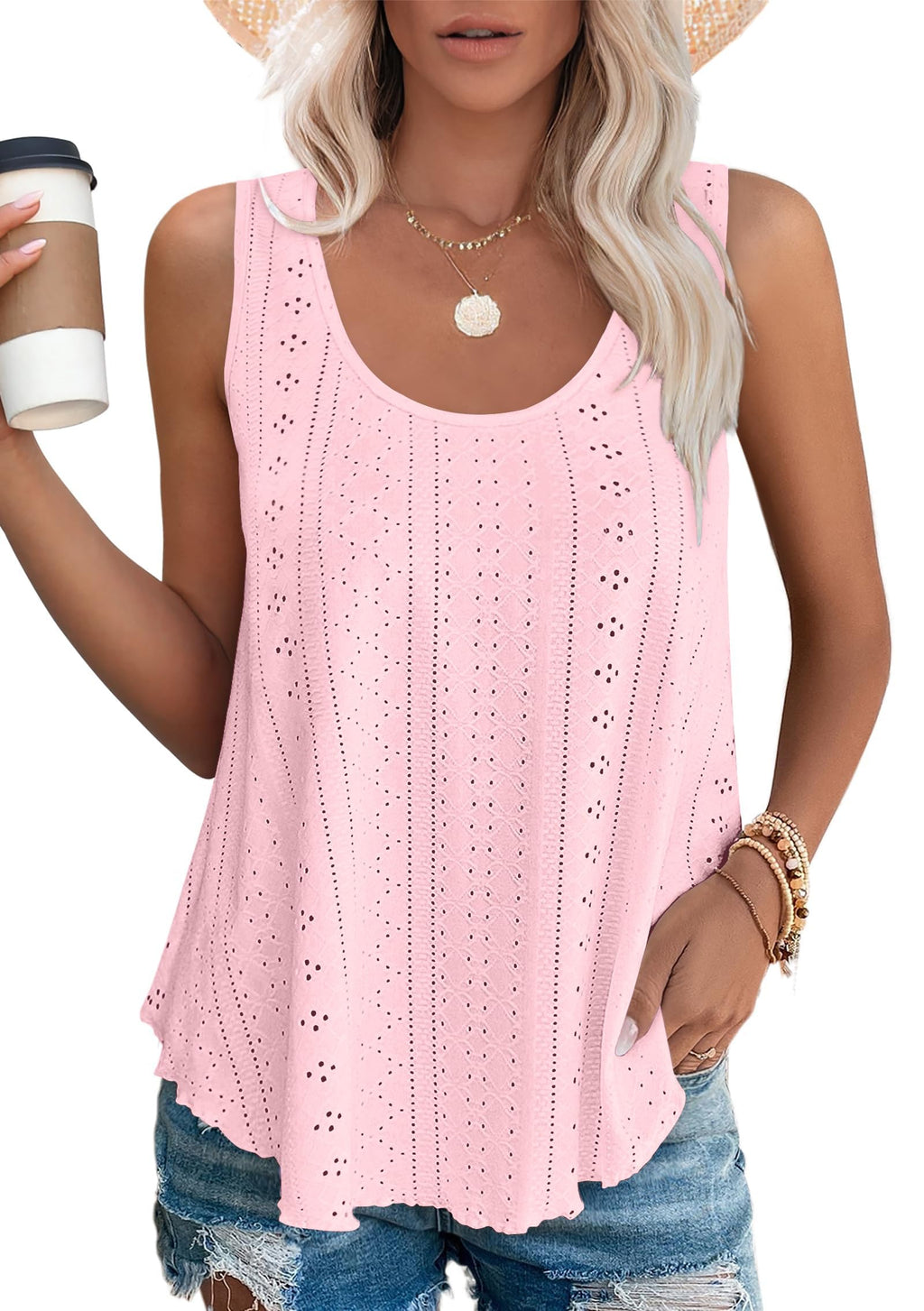 isermeo Womens Tank Tops Eyelet Embroidery Scoop Neck Loose Casual Sleeveless Flowy Summer Shirts Trendy S-2XL