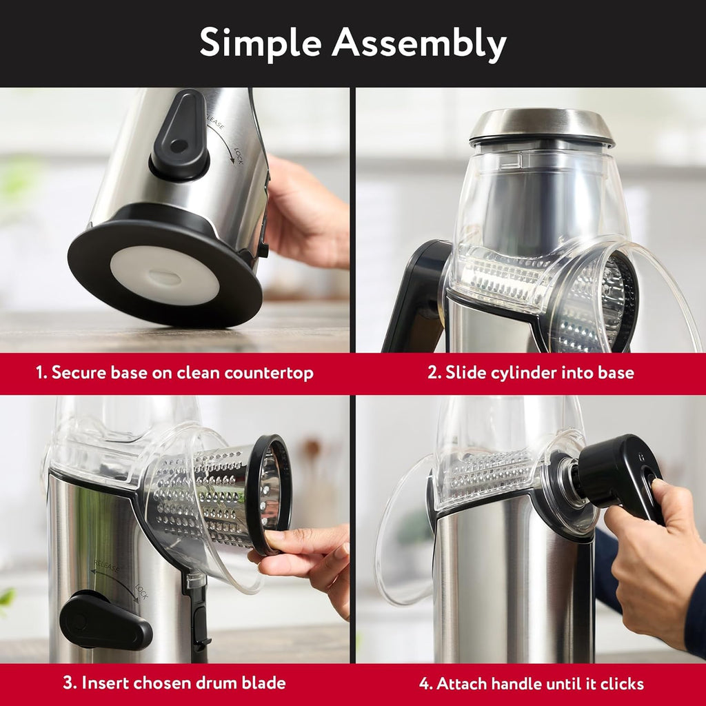 Cheese Grater Rotary Handheld - Vegetable Slicer - Stainless Steel Body & 3 Interchangeable Blades - Cheese Veggies Nuts Shredder - Non-Slip Base - Fast & Easy to Use Kitchen Gadget