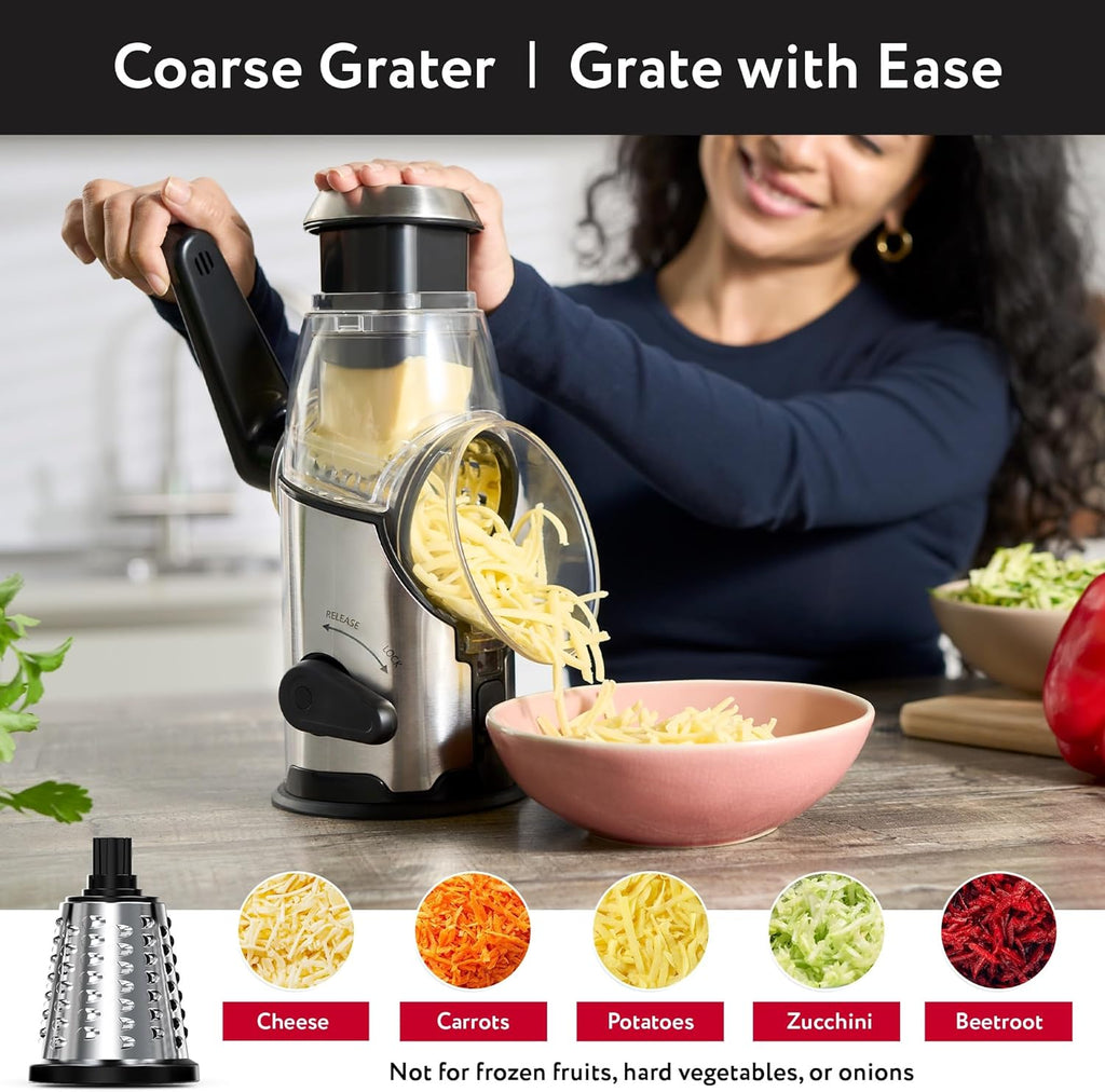 Cheese Grater Rotary Handheld - Vegetable Slicer - Stainless Steel Body & 3 Interchangeable Blades - Cheese Veggies Nuts Shredder - Non-Slip Base - Fast & Easy to Use Kitchen Gadget