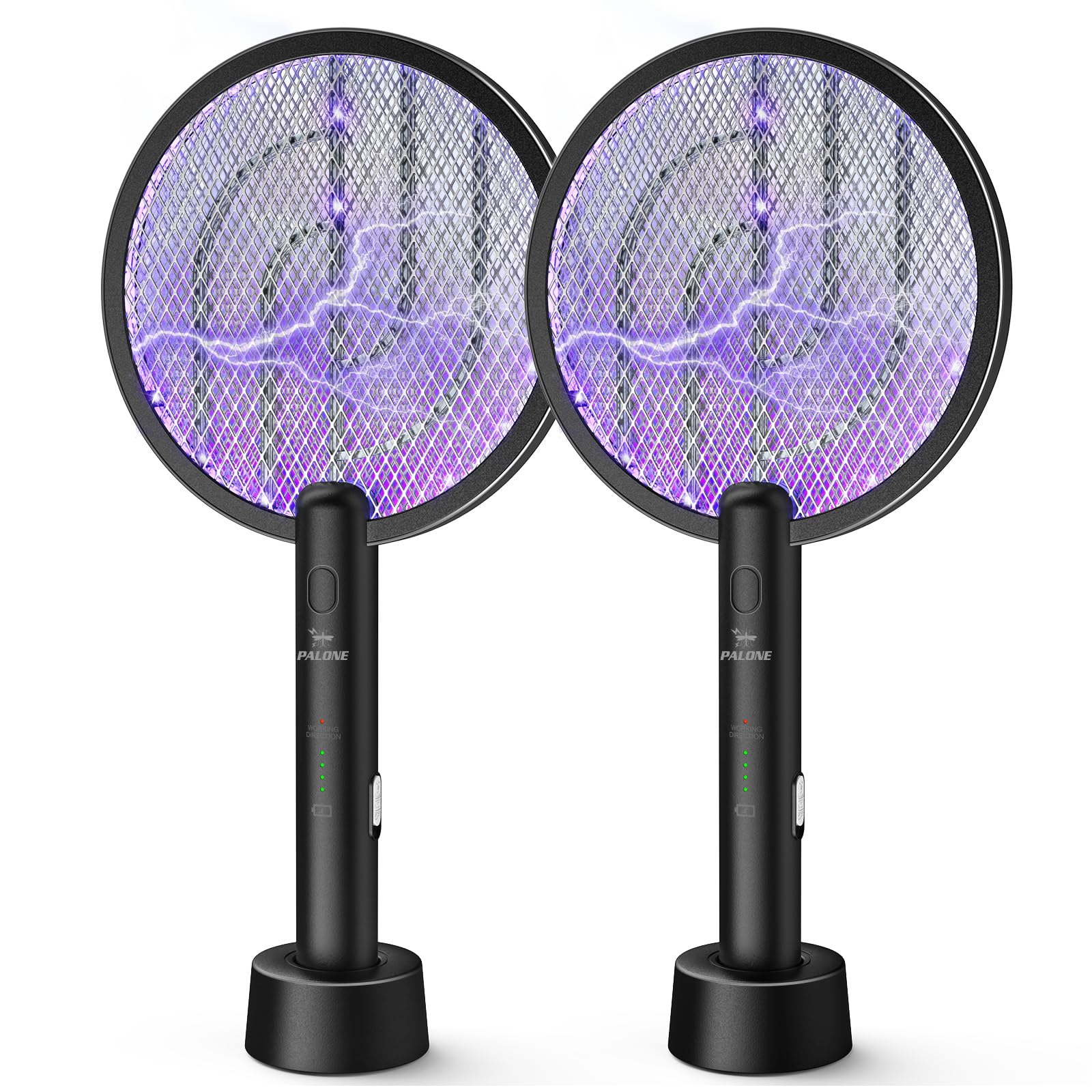 Raquette anti-insectes électrique PALONE noire, 2 pièces, avec grille UV violette.