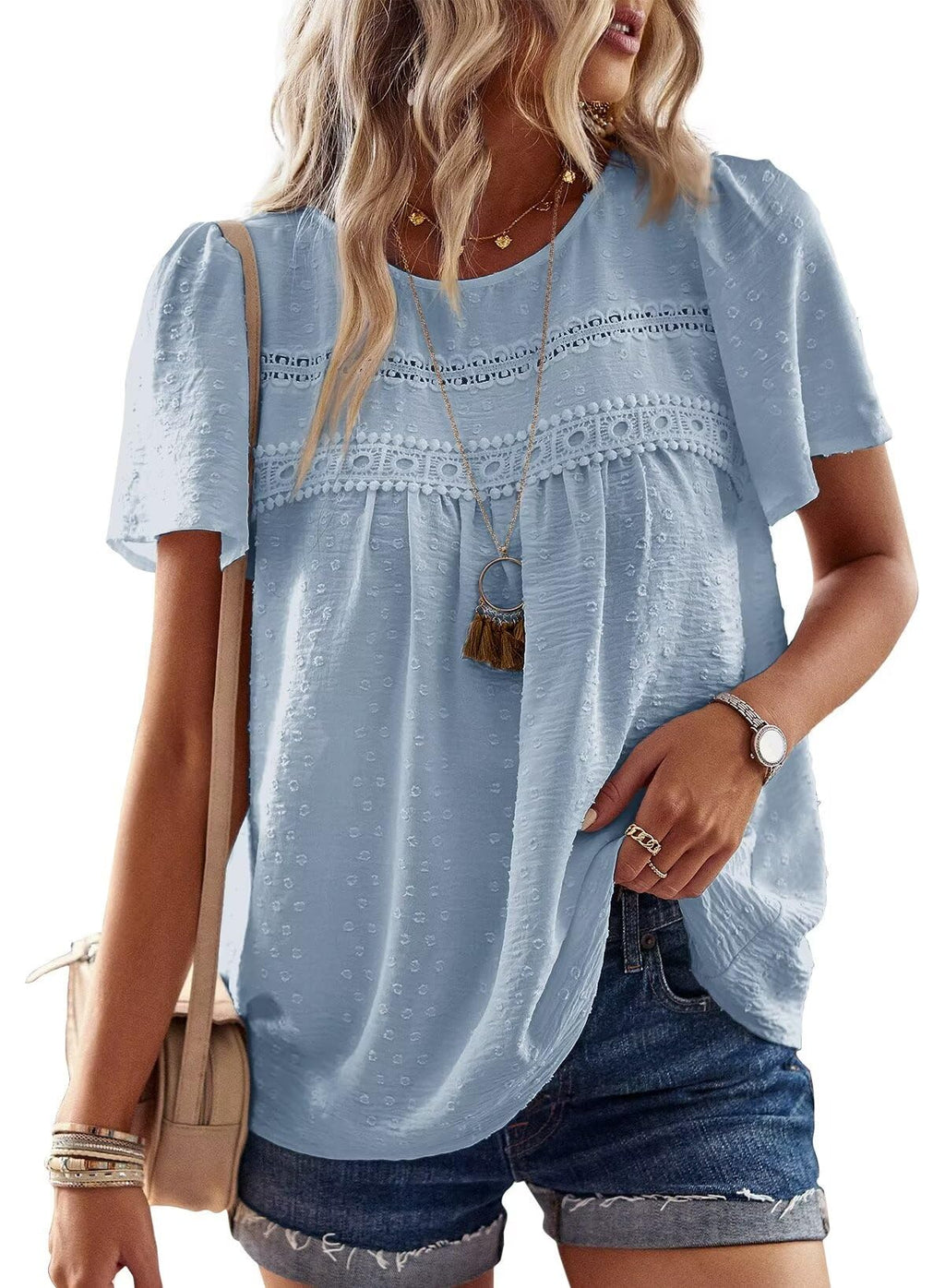 Falechay Womens Summer Tops Crewneck Short Sleeve Shirts Casual Chiffon Blouses Flowy Lace Hem Boho Clothing Trendy 2026