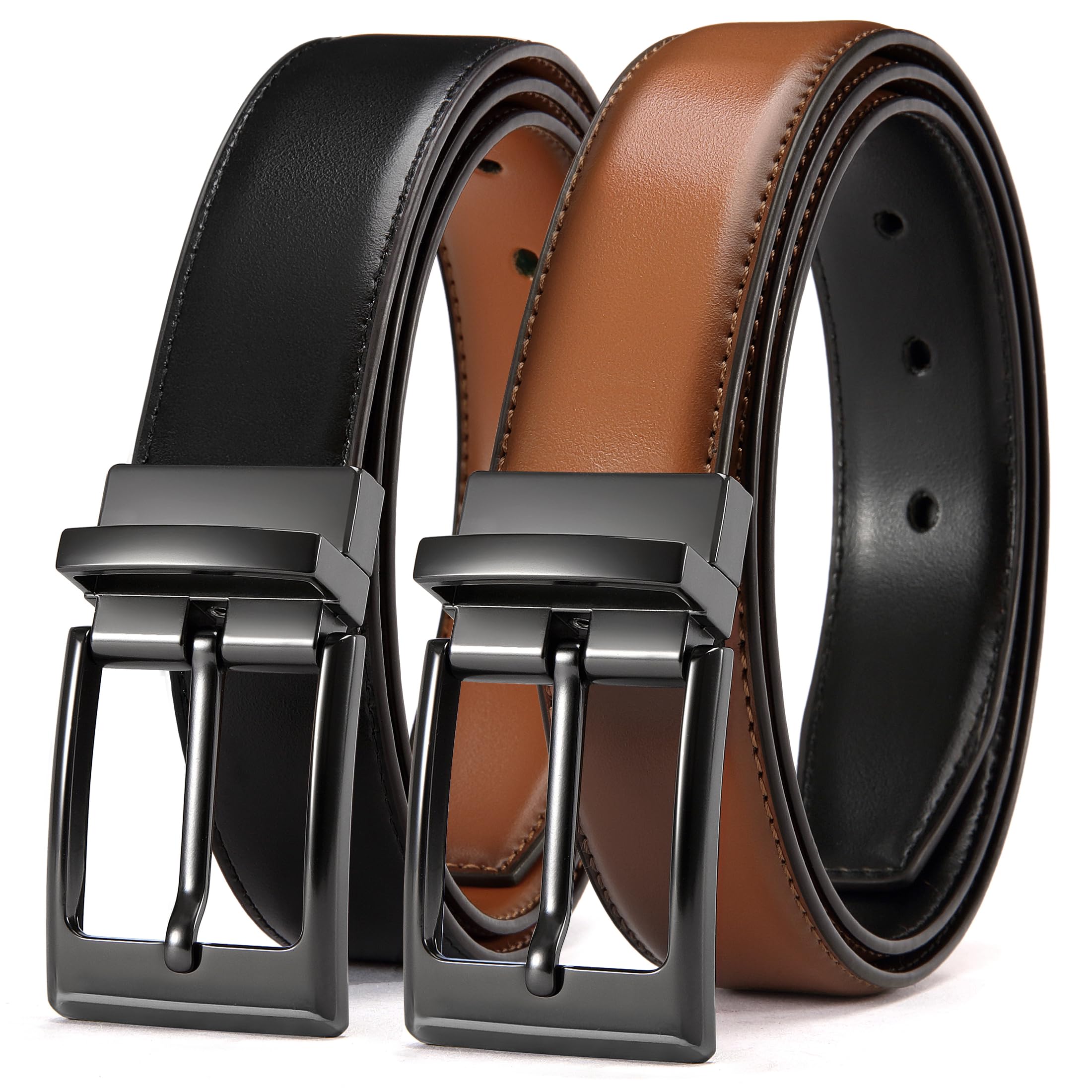 CHAOREN Reversible Mens Belt 1 Piece - 1 3/8" Mens Belts Leather for Casual Jeans Dress - One Belt, Two Colors