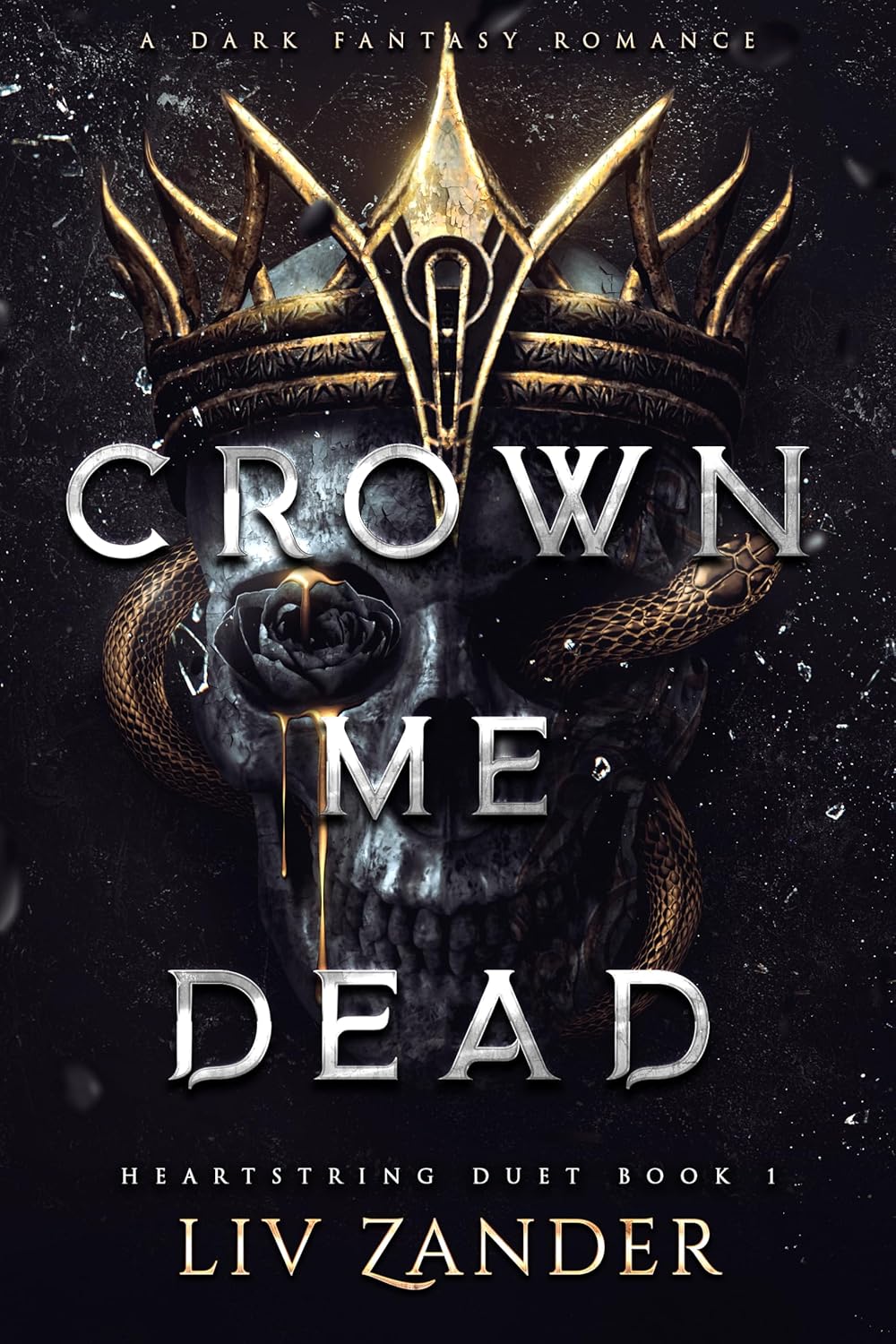 Couverture de romance dark fantasy avec crâne sombre et couronne dorée.