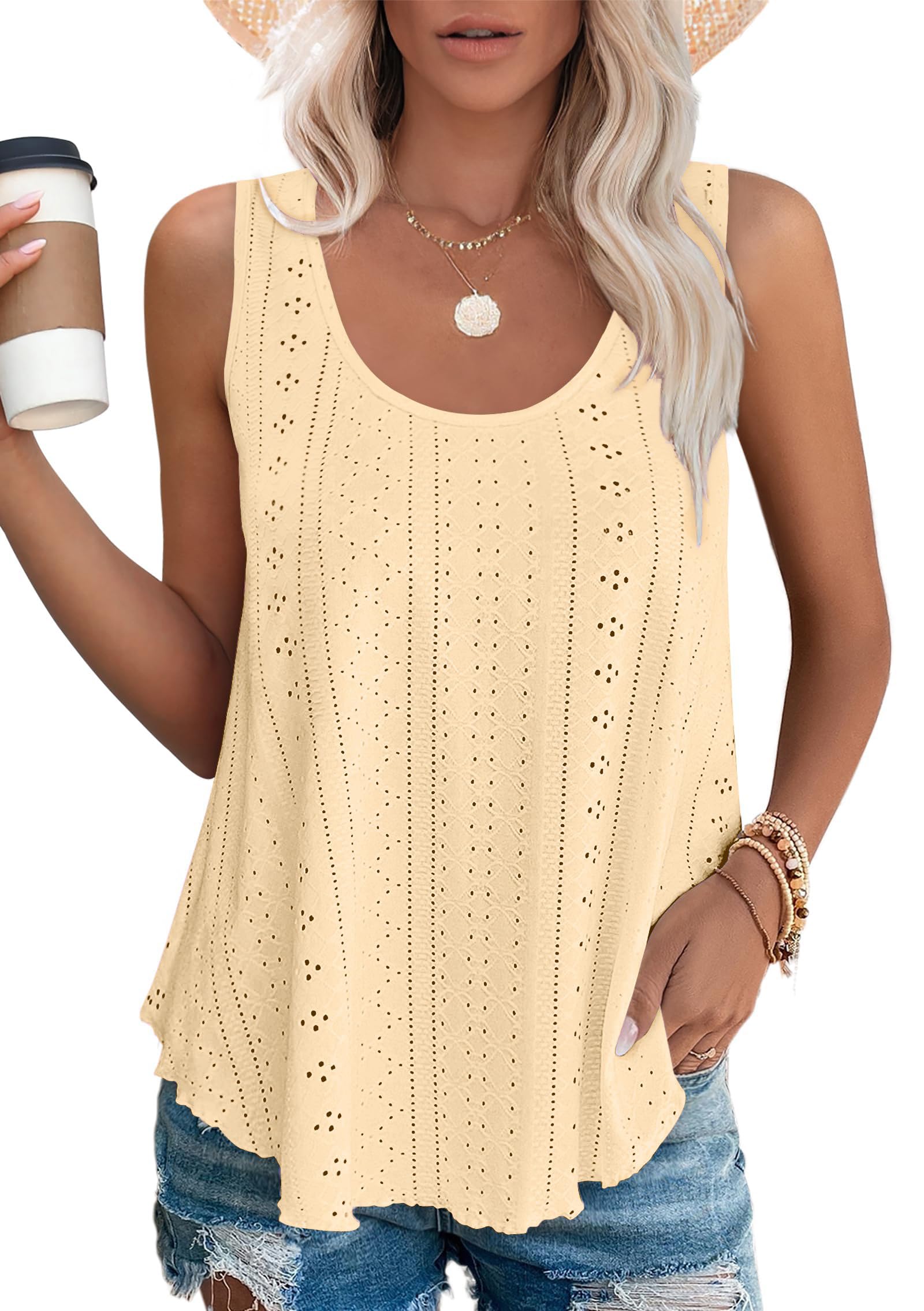isermeo Womens Tank Tops Eyelet Embroidery Scoop Neck Loose Casual Sleeveless Flowy Summer Shirts Trendy S-2XL