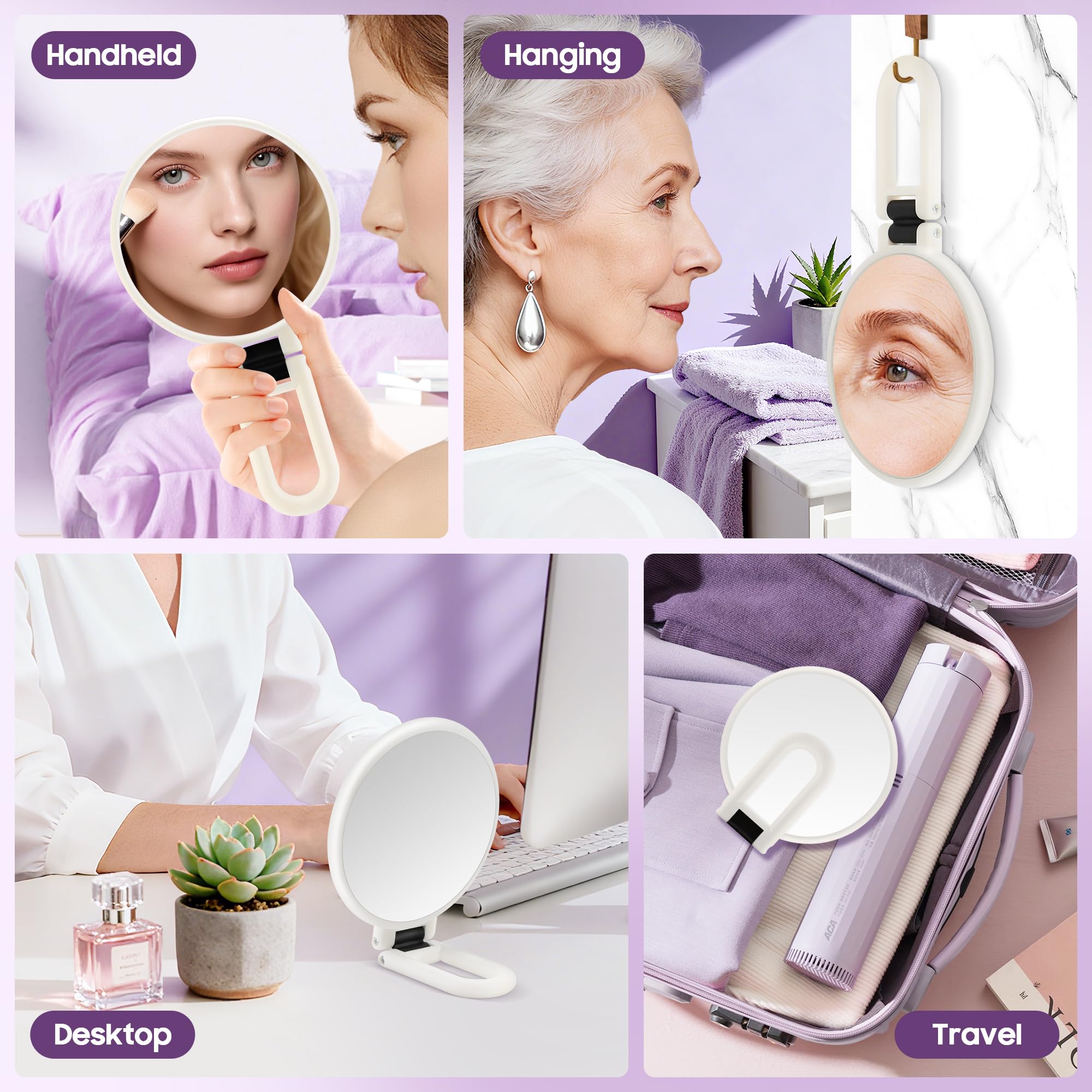 Miroir de maquillage double face, usage main et posé, cadre blanc