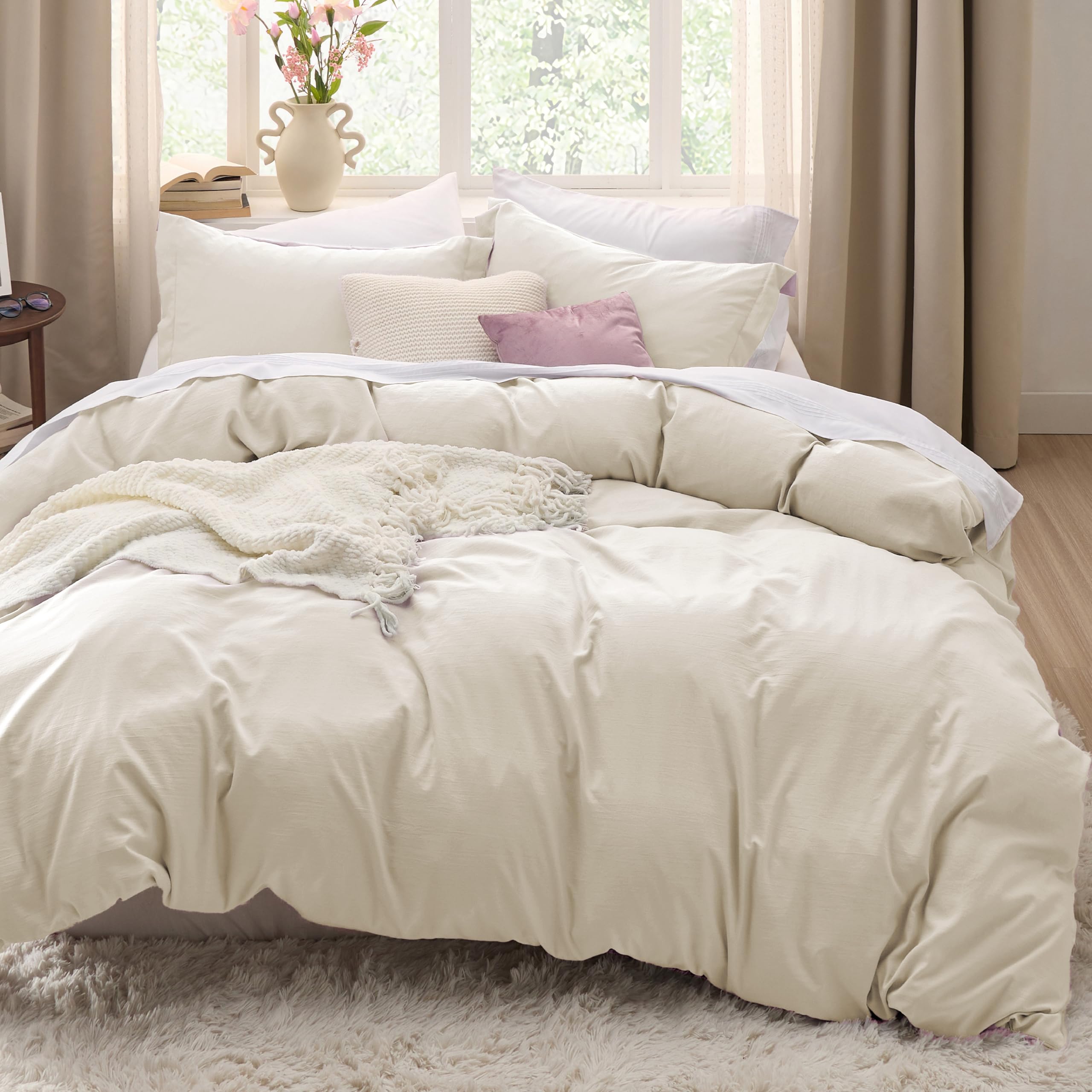 Bedsure Duvet Cover Queen Size - 3 Pieces Prewashed Cotton-Like Extra Soft Bedding Set, Includes 1 Duvet Cover 90x90 Inches with Zipper Closure & 2 Pillow Shams, Linen, Comforter Not Included
