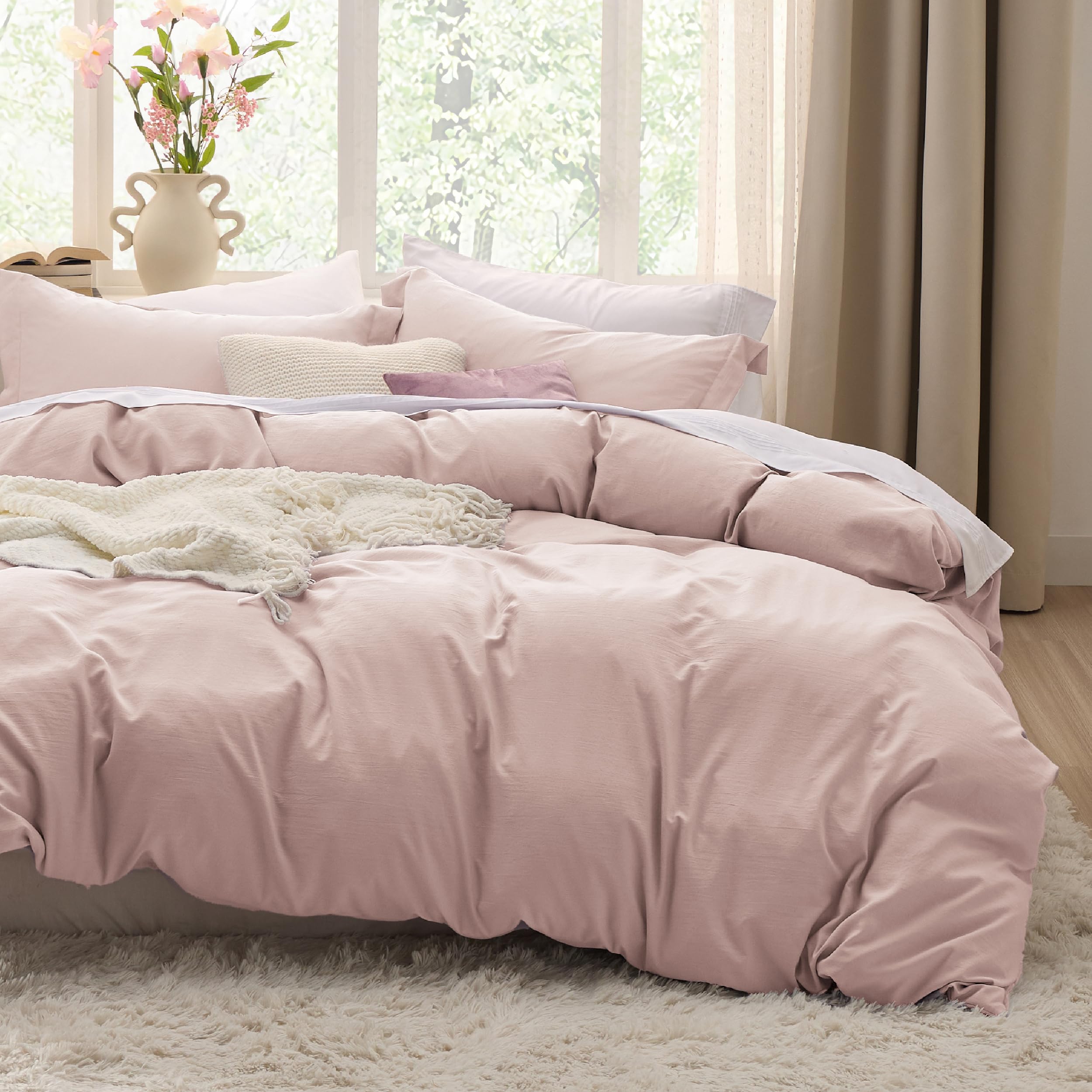 Bedsure Duvet Cover Queen Size - 3 Pieces Prewashed Cotton-Like Extra Soft Bedding Set, Includes 1 Duvet Cover 90x90 Inches with Zipper Closure & 2 Pillow Shams, Linen, Comforter Not Included