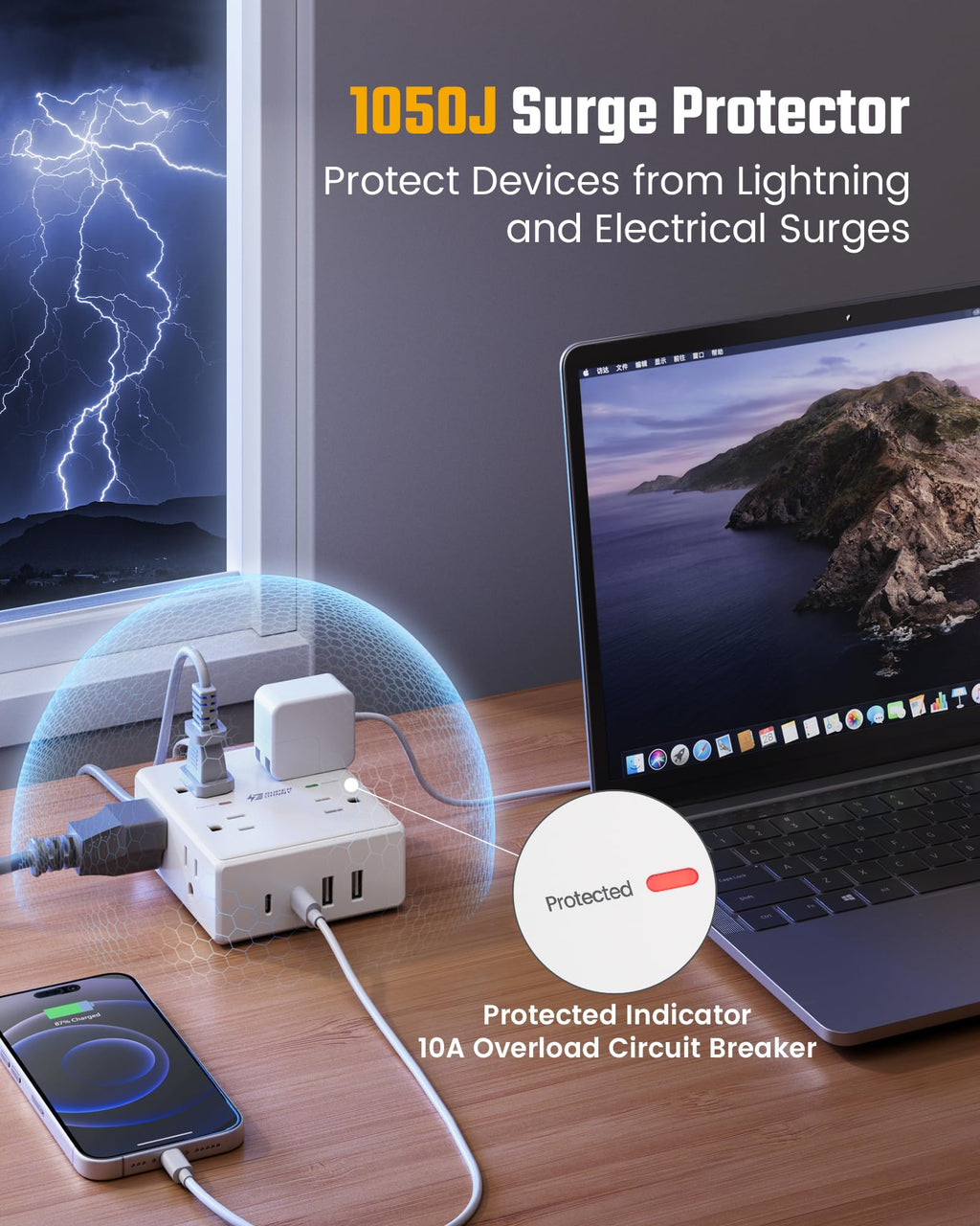 Surge Protector Power Bar, SUPERDANNY 6 Ft Extension Cord with 8 Outlets & 4USB Ports (2 USB 2 C), Mountable Flat Plug Power Strip, Surge Protection for Home, Office, Dorm