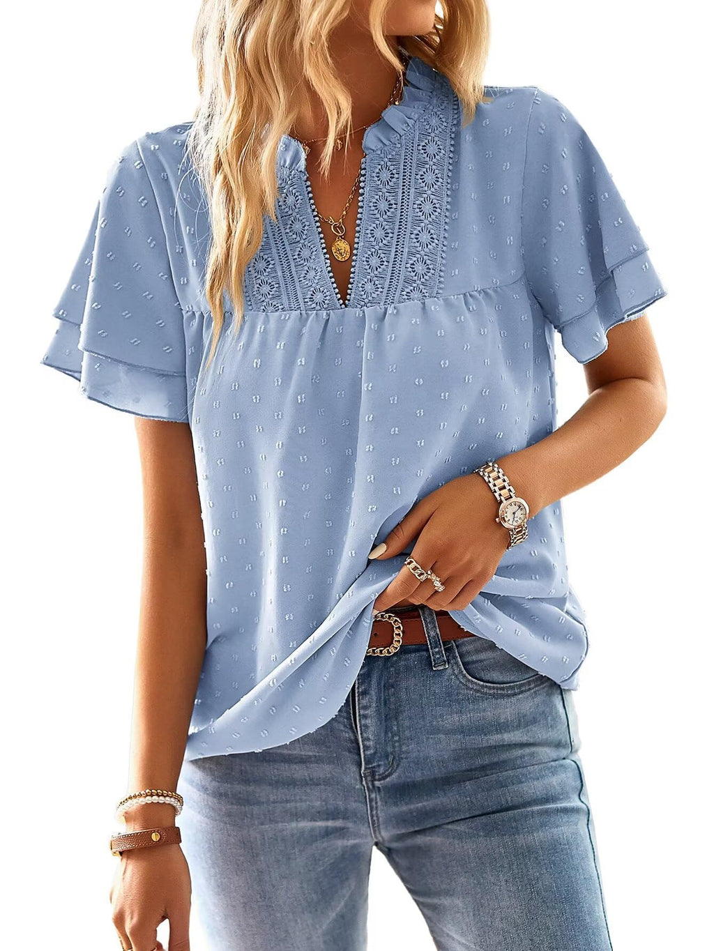 Falechay Womens Tops Butterfly Sleeve V Neck Blouses for Women Dressy Casual Flowy Swiss Dot Ruffle Short Sleeve Shirts