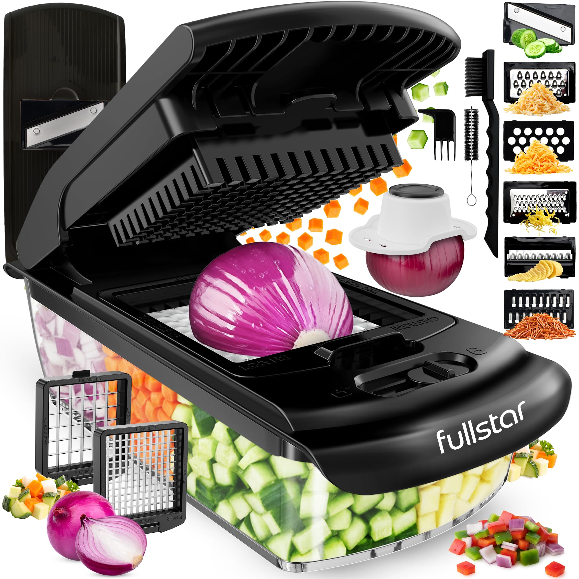 Fullstar Vegetable Chopper & Mandoline Slicer - Julienne Cutter Dicer Grater for Food Veggie Onion Cucumber Tomato Salad Potato Cheese - Kitchen Essentials & Gadgets (Compact 6-in-1, White)