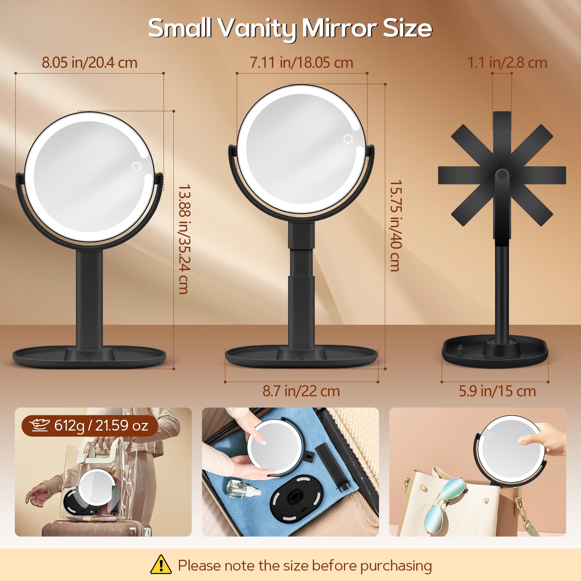 Miroir de maquillage compact sur pied noir, tailles indiquées pour utilisation