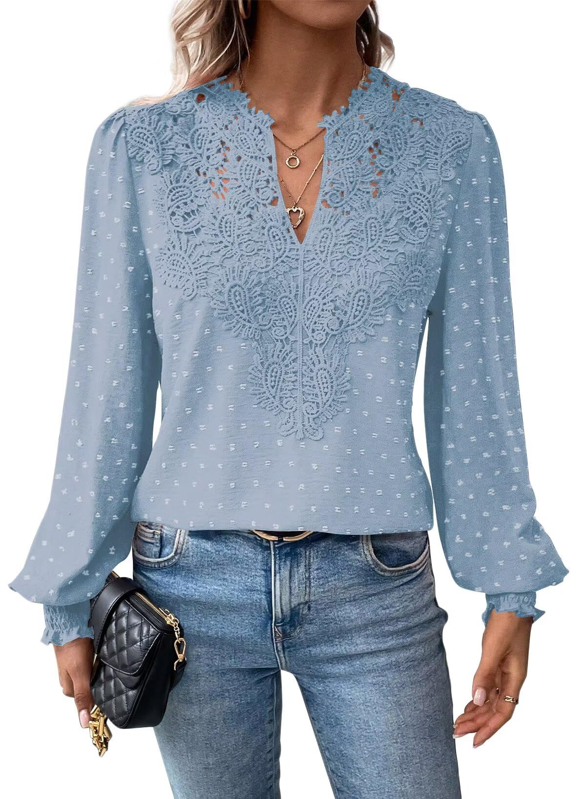 Falechay Womens Tops Swiss Dot Boho Long Sleeve Shirts V Neck Casual Chiffon Blouses Flowy Lace Hem Cute Clothing Trendy 2026