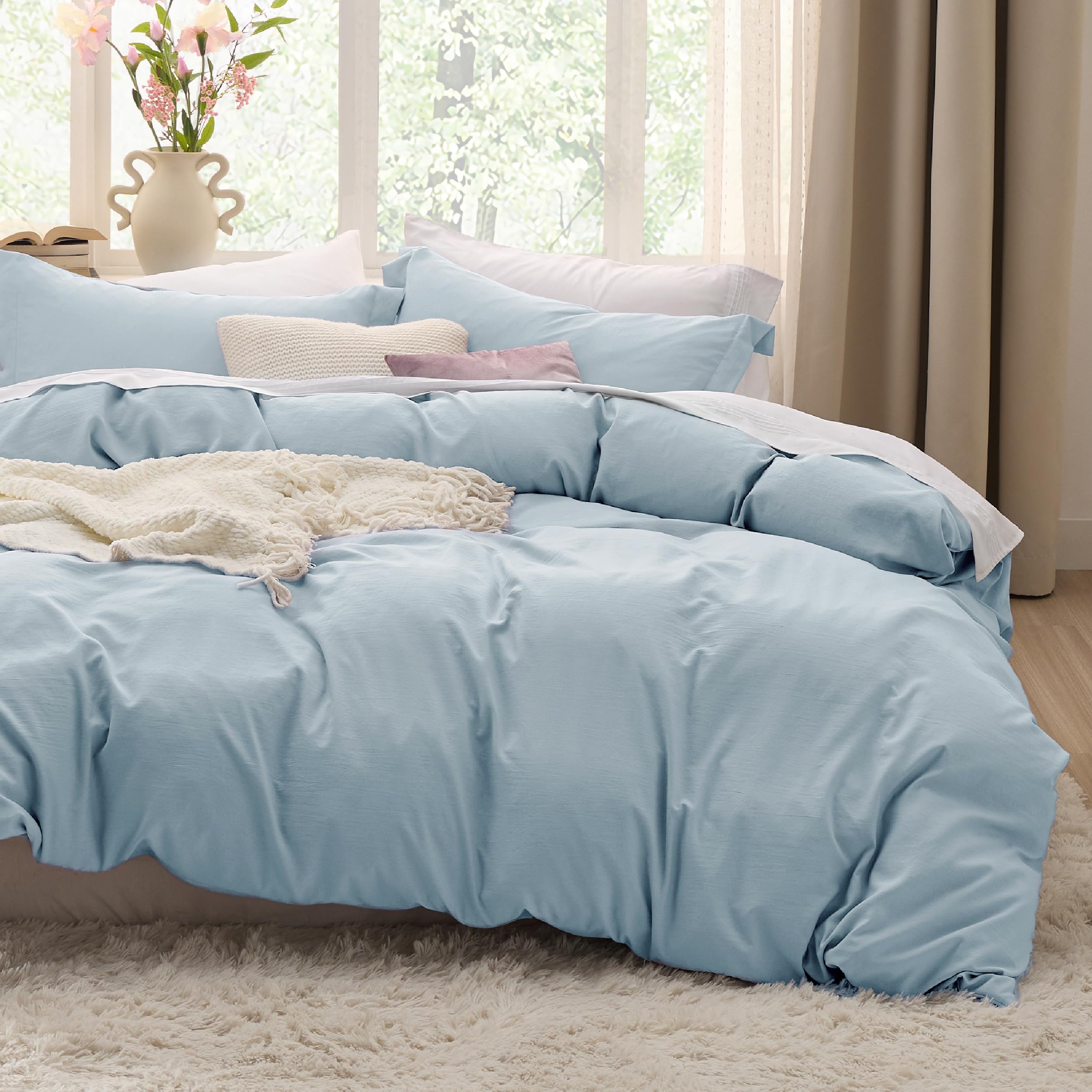 Bedsure Duvet Cover Queen Size - 3 Pieces Prewashed Cotton-Like Extra Soft Bedding Set, Includes 1 Duvet Cover 90x90 Inches with Zipper Closure & 2 Pillow Shams, Linen, Comforter Not Included
