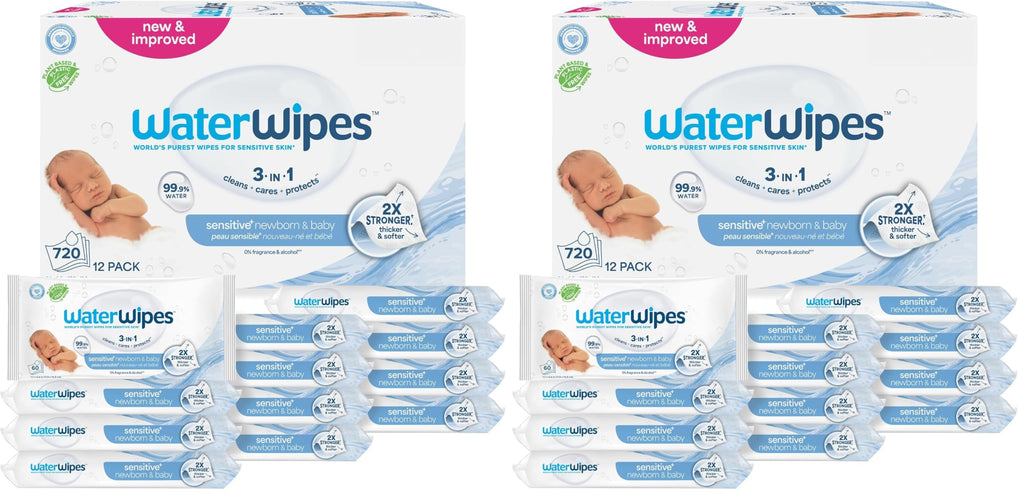 WaterWipes Sensitive+ Newborn & Baby Wipes, 3-In-1 Cleans, Cares, Protects, 99.9% Water, Unscented & Hypoallergenic, 720 Count (12 Packs)