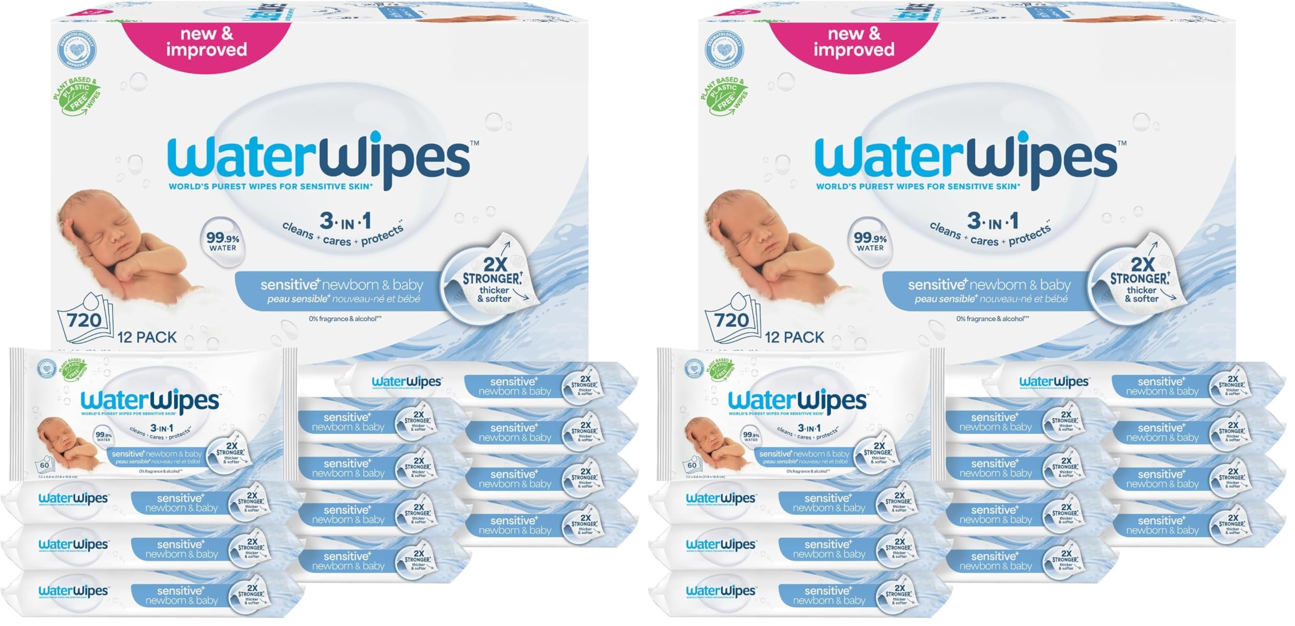 WaterWipes Sensitive+ Newborn & Baby Wipes, 3-In-1 Cleans, Cares, Protects, 99.9% Water, Unscented & Hypoallergenic, 720 Count (12 Packs)