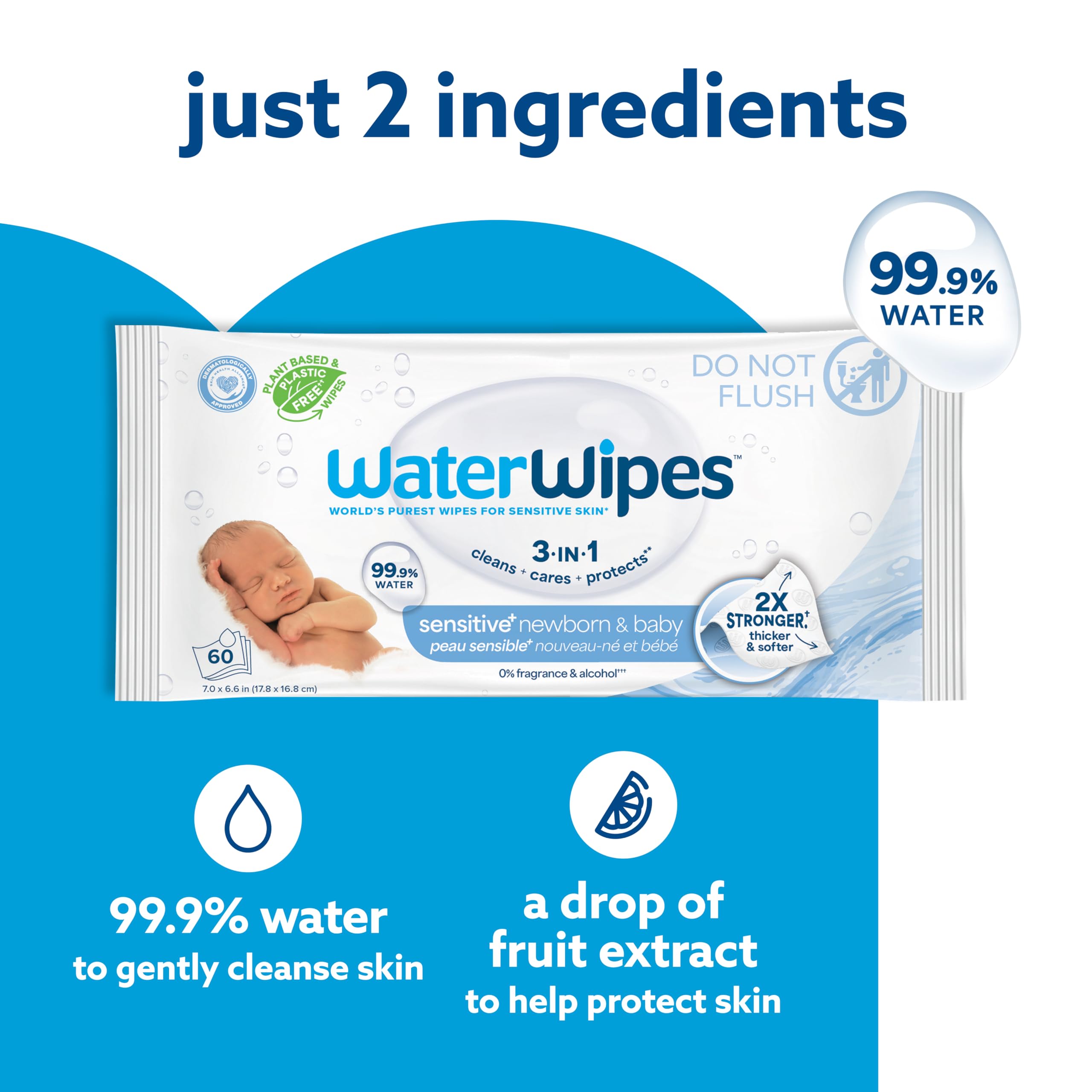 WaterWipes Sensitive+ Newborn & Baby Wipes, 3-In-1 Cleans, Cares, Protects, 99.9% Water, Unscented & Hypoallergenic, 720 Count (12 Packs)